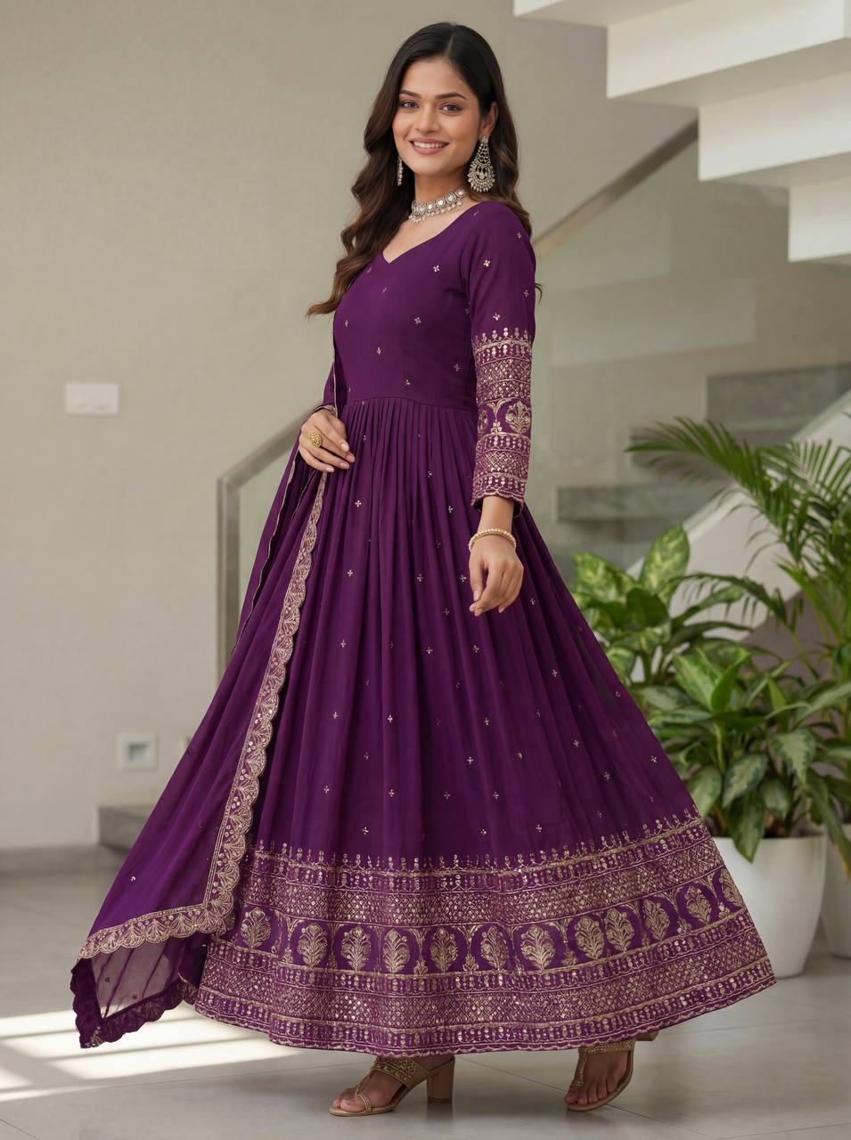 Lehenga Mart Designer Vichitra Silk Gown With Dupatta-Wine