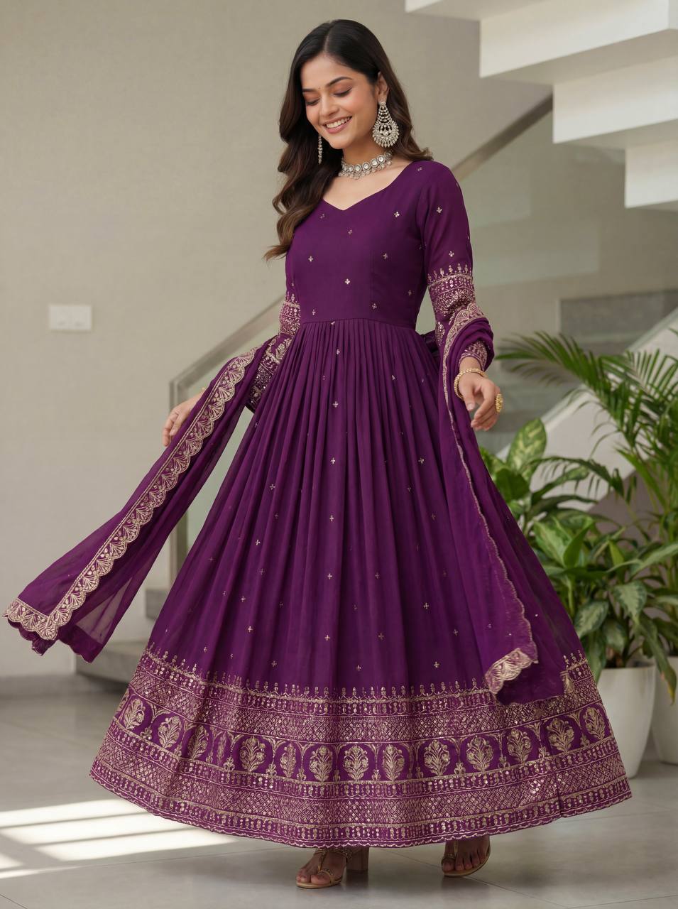 Lehenga Mart Designer Vichitra Silk Gown With Dupatta-Wine