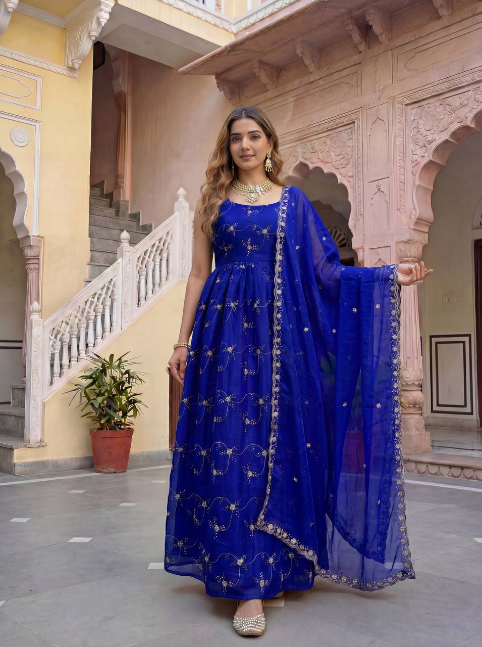 Lehenga Mart Designer Fandy Silk Gown With Dupatta-Royal Blue