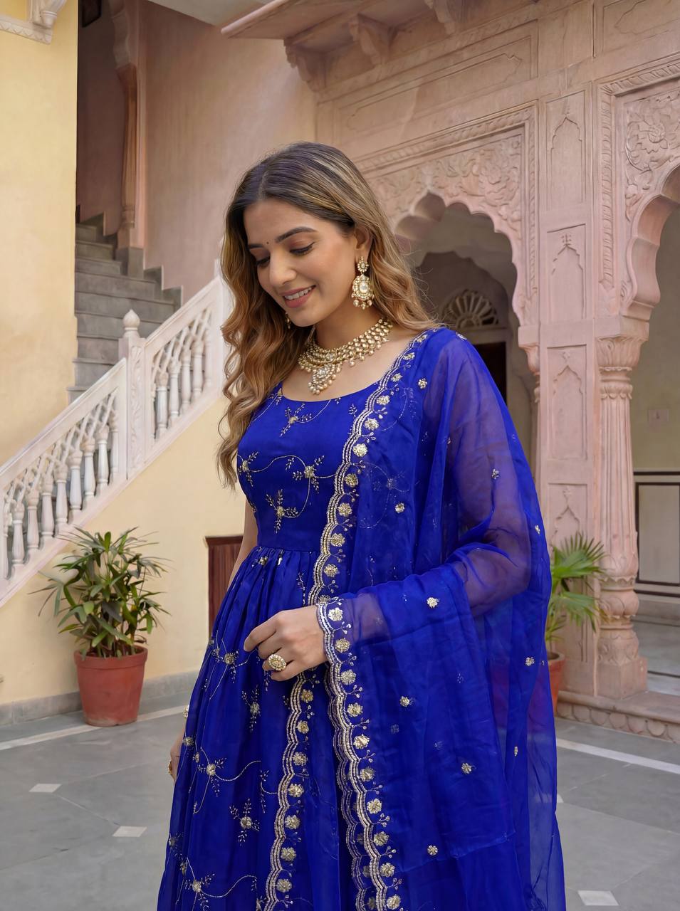 Lehenga Mart Designer Fandy Silk Gown With Dupatta-Royal Blue