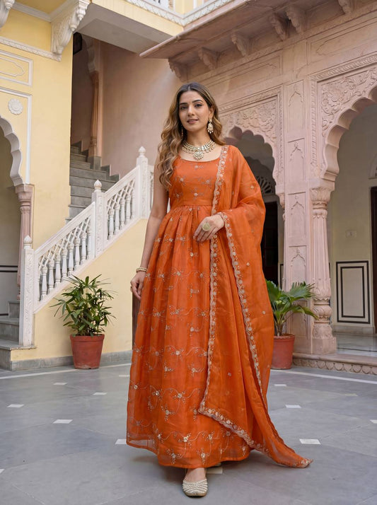 Lehenga Mart Designer Fandy Silk Gown With Dupatta-Rusty Orange