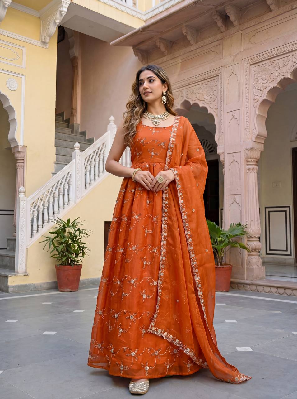Lehenga Mart Designer Fandy Silk Gown With Dupatta-Rusty Orange