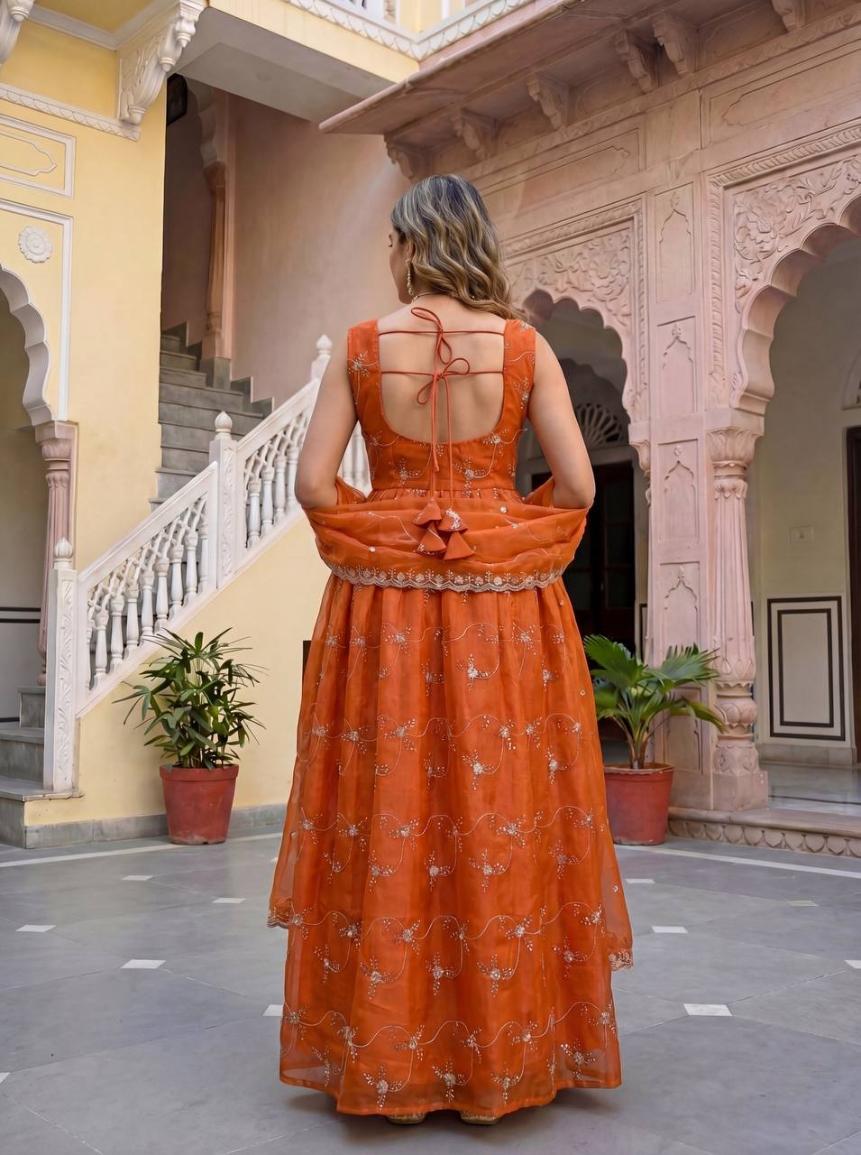 Lehenga Mart Designer Fandy Silk Gown With Dupatta-Rusty Orange