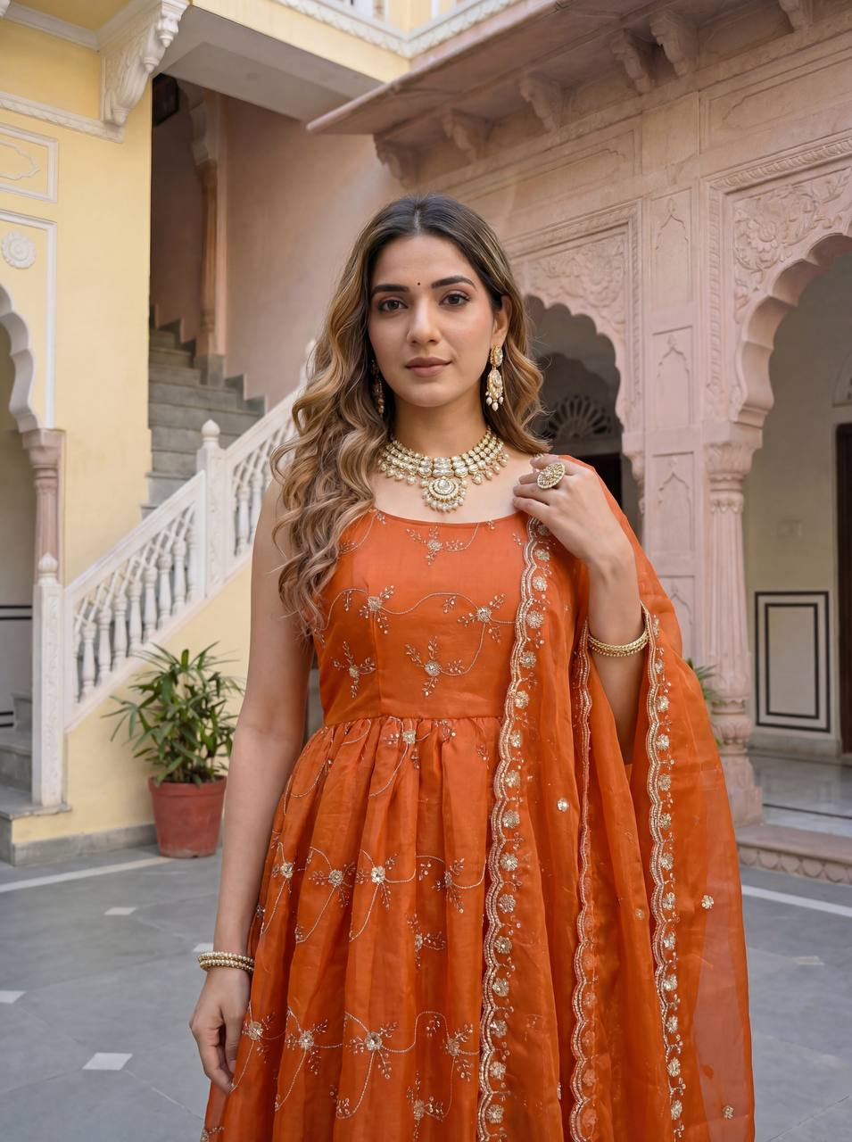 Lehenga Mart Designer Fandy Silk Gown With Dupatta-Rusty Orange