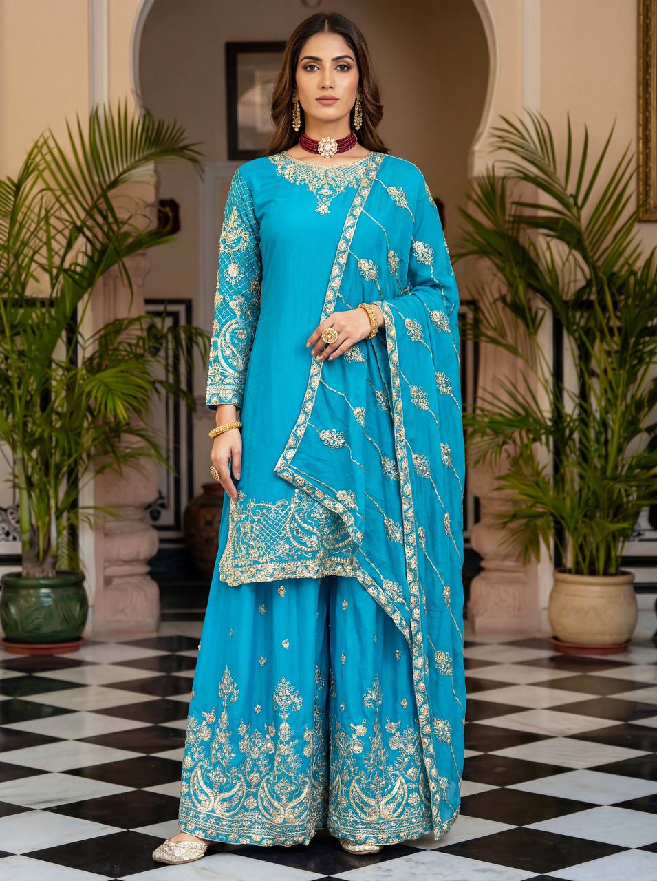 Lehenga Mart Designer Ready To Wear Salwar Suit Dupatta For Women-Sky Blue