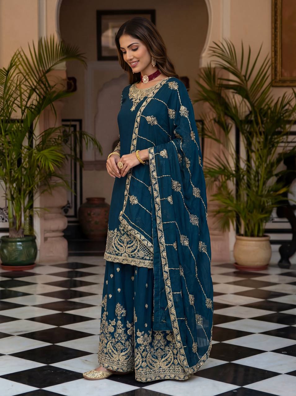 Lehenga Mart Designer Ready To Wear Salwar Suit Dupatta For Women-Teal Blue