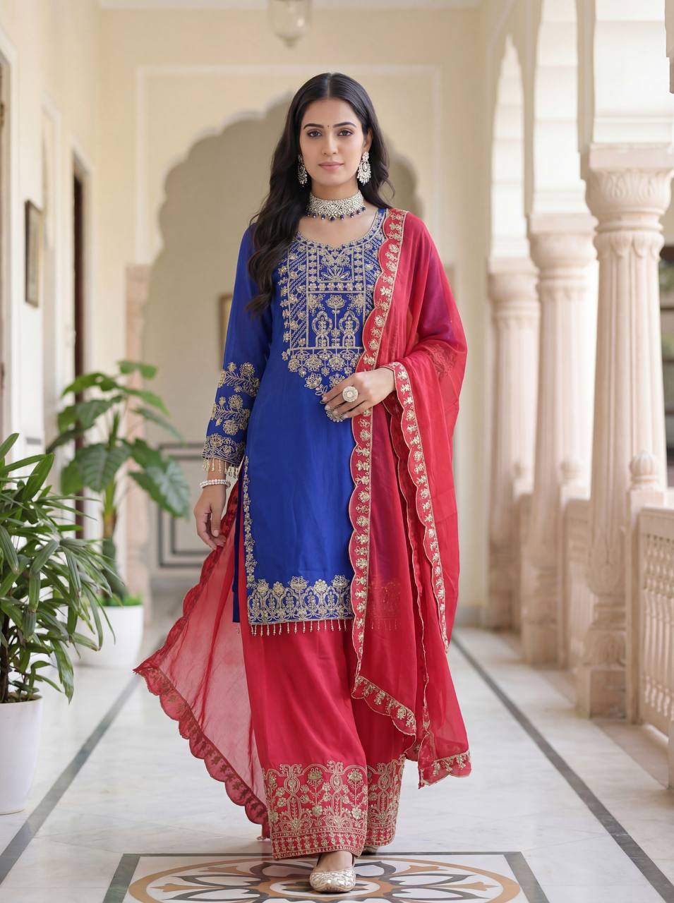 Lehenga Mart Chinon Silk Salwar Suit Dupatta-Blue