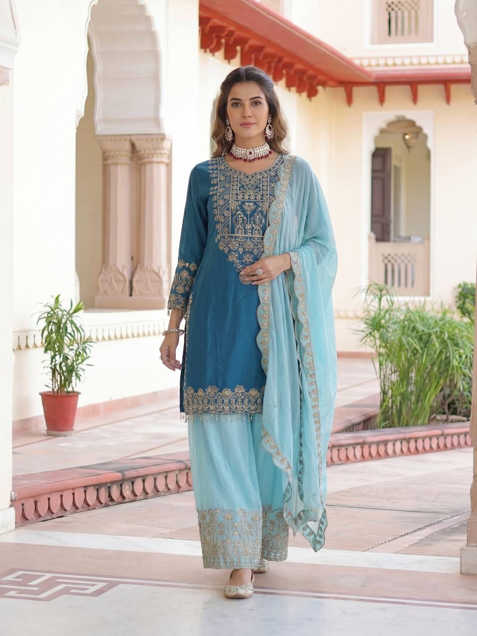 Lehenga Mart Chinon Silk Salwar Suit Dupatta-Sky Blue