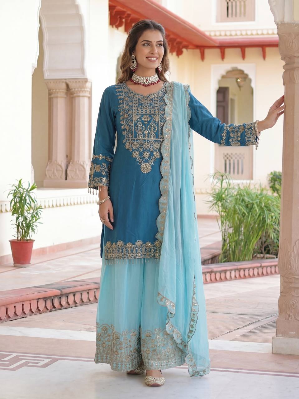 Lehenga Mart Chinon Silk Salwar Suit Dupatta-Sky Blue