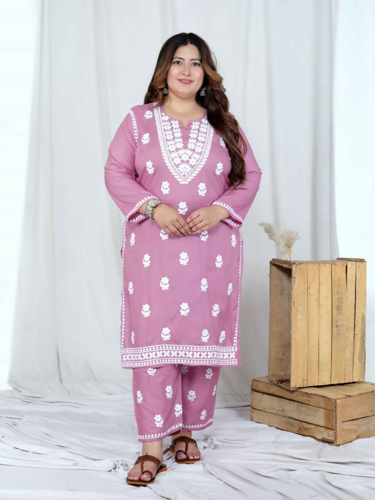 Miravan Women's Plus Size Chikankari Embroidery Pink Straight Kurta And Palazzo Set 