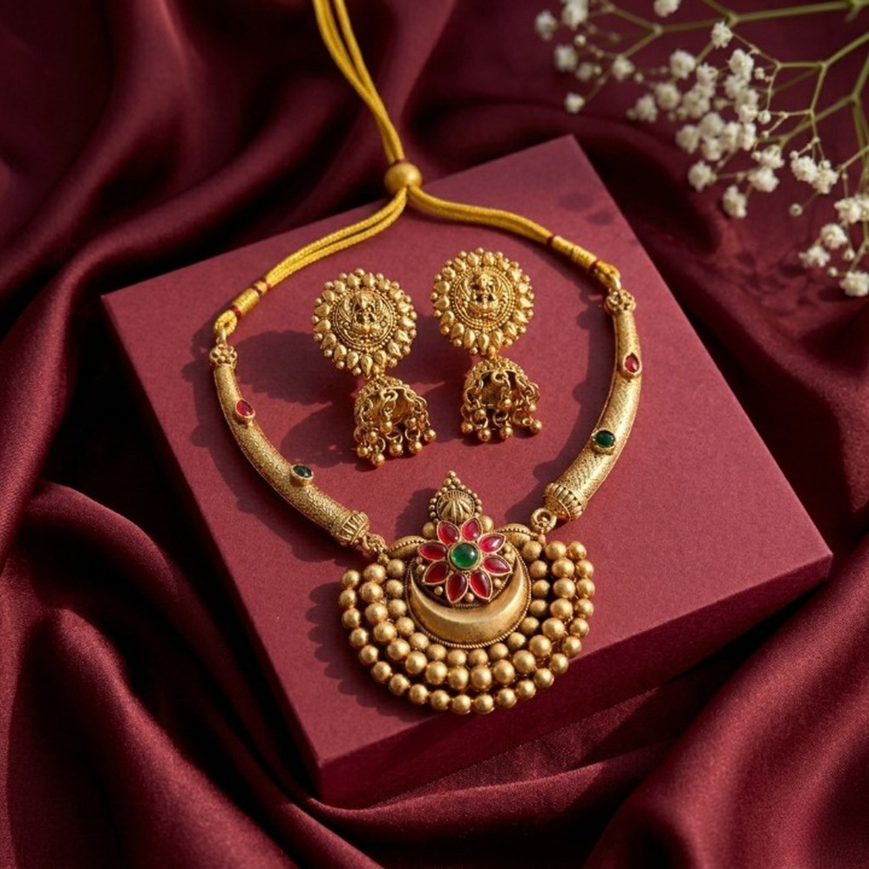 Jewel City Antique Gold Plated Temple Jewelry Set - Traditional Indian Necklace with Jhumka Earrings for Bridal Wedding & Festival