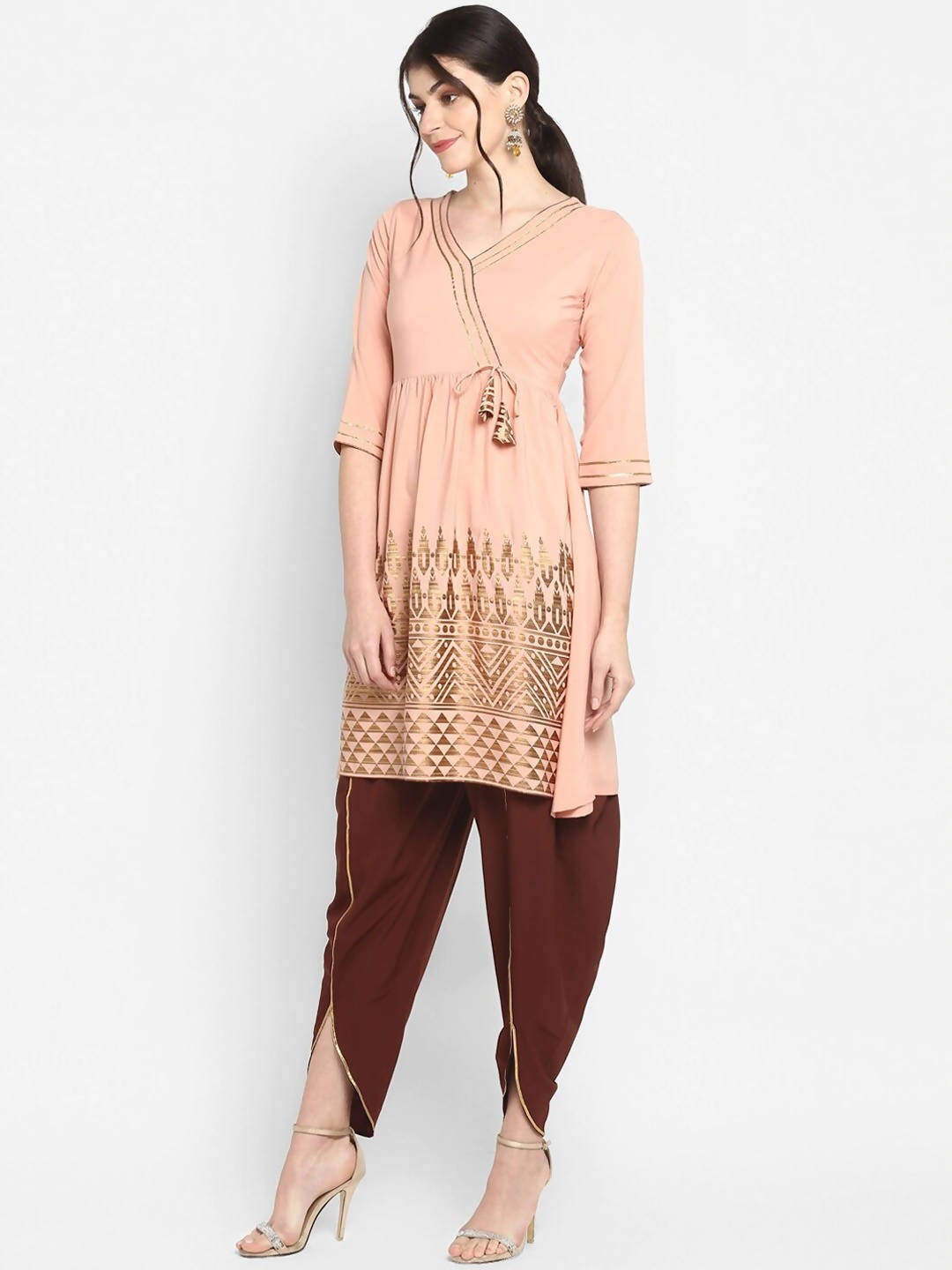 Janasya Women Peach-Coloured & Maroon Printed Angrakha Gotta Patti Kurta with Dhoti Pants