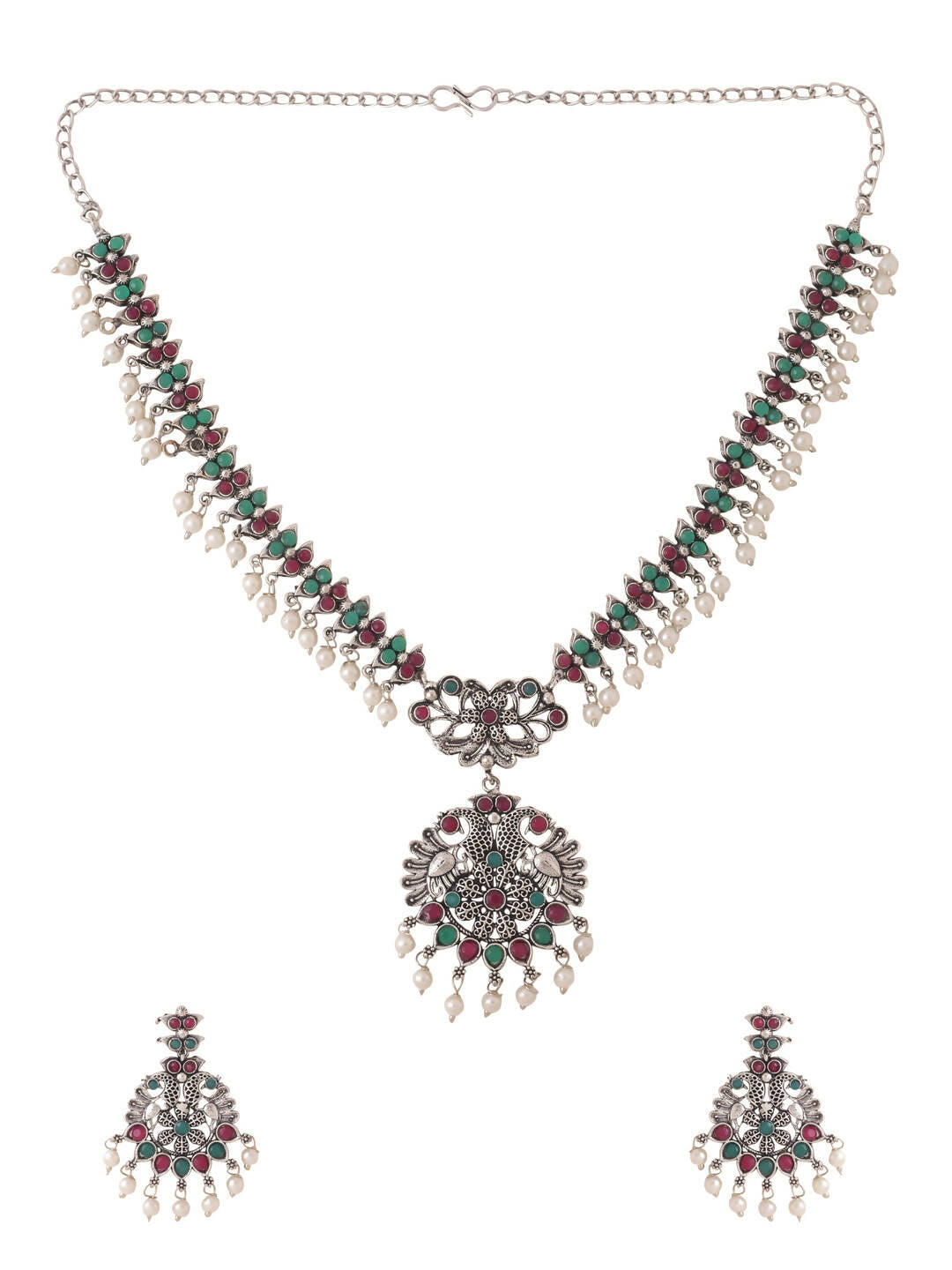 NVR Women Stone Studded Oxidised Silver Jewellery Set - Grab2buy