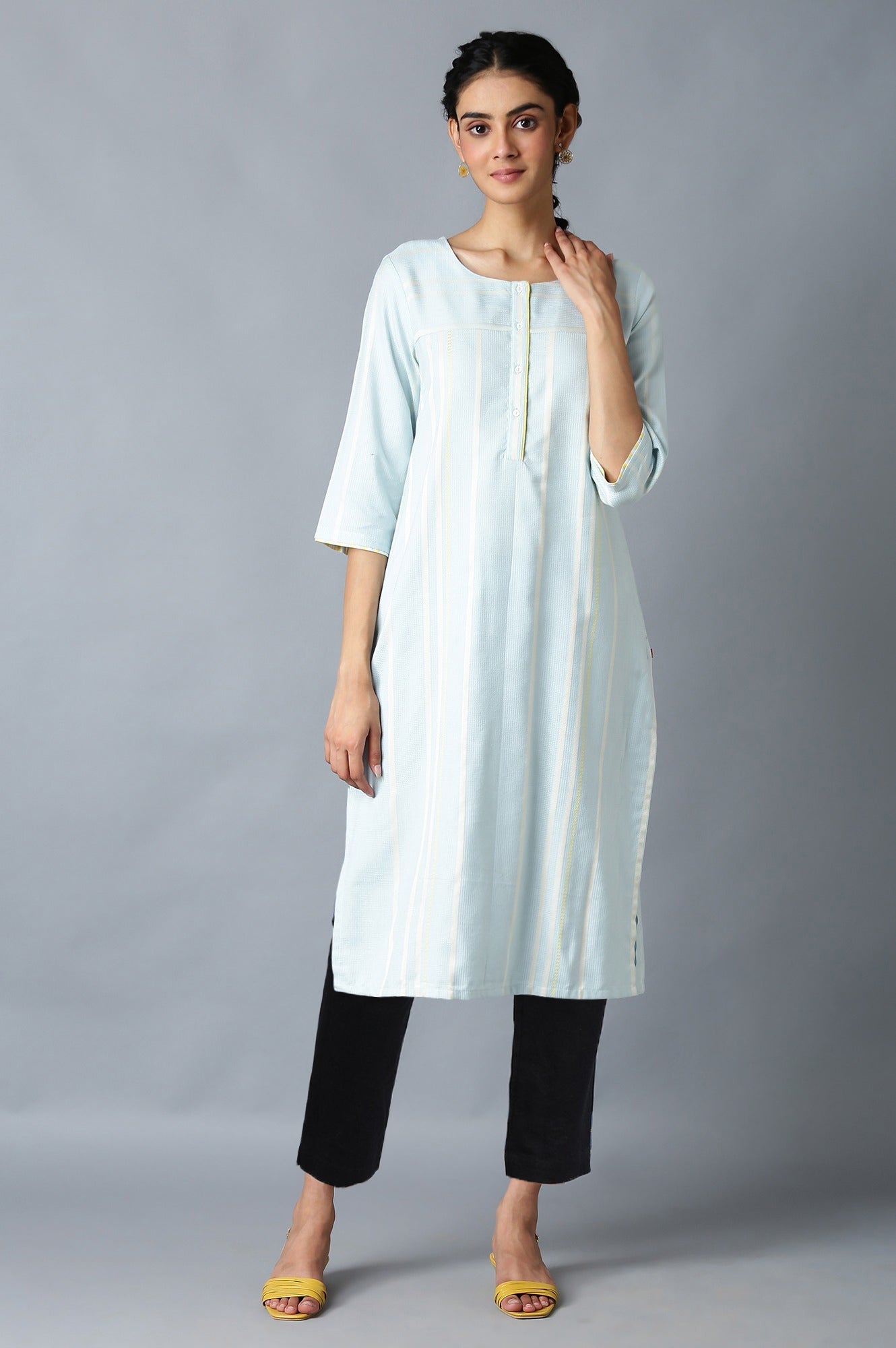 W for Woman Light Blue Geometric Printed Rayon Dobby Straight Kurta with Slim Pant Set
