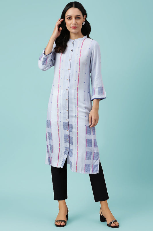 W for Woman Light Blue Geometric Printed Rayon Dobby Straight Kurta with Slim Pant Set