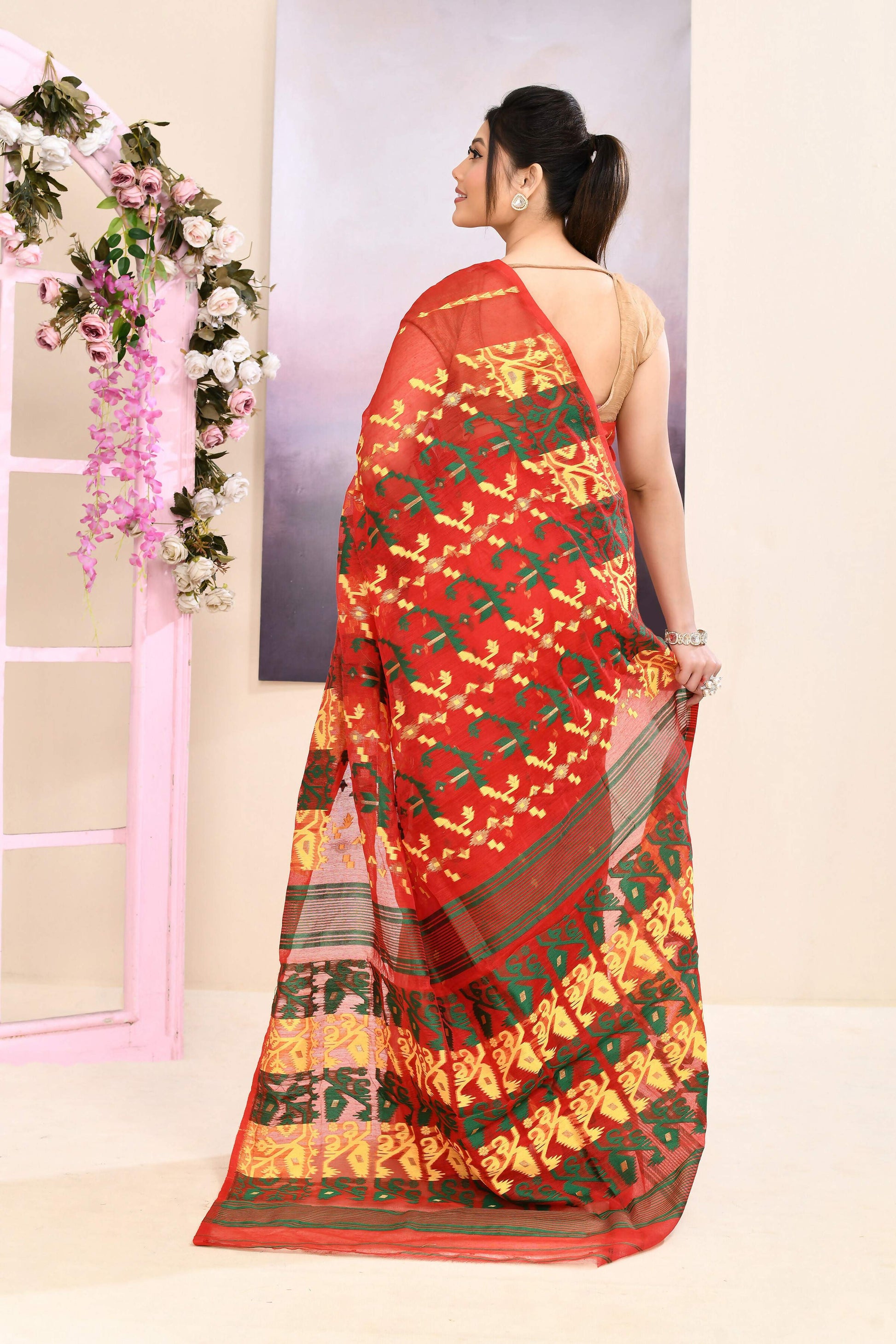 Piyari Fashion Women's Red Embellished Cotton Blend Jamdani Saree