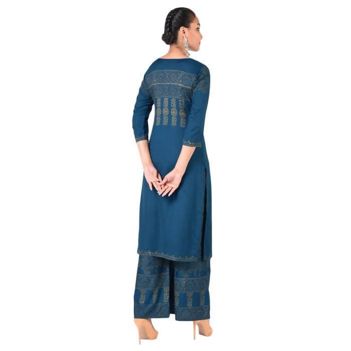 Aniyah Rayon Block Print Front Slit Straight Kurta With Palazzo Set In Blue (AN-166K) 