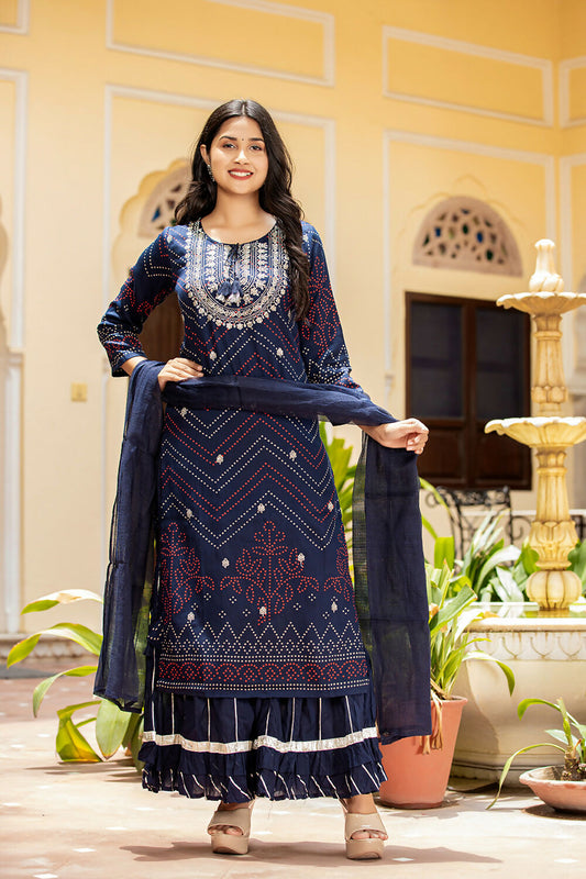 Kaajh Women's Navy Blue Embroidered Cotton Kurta Sharara Set With Dupatta