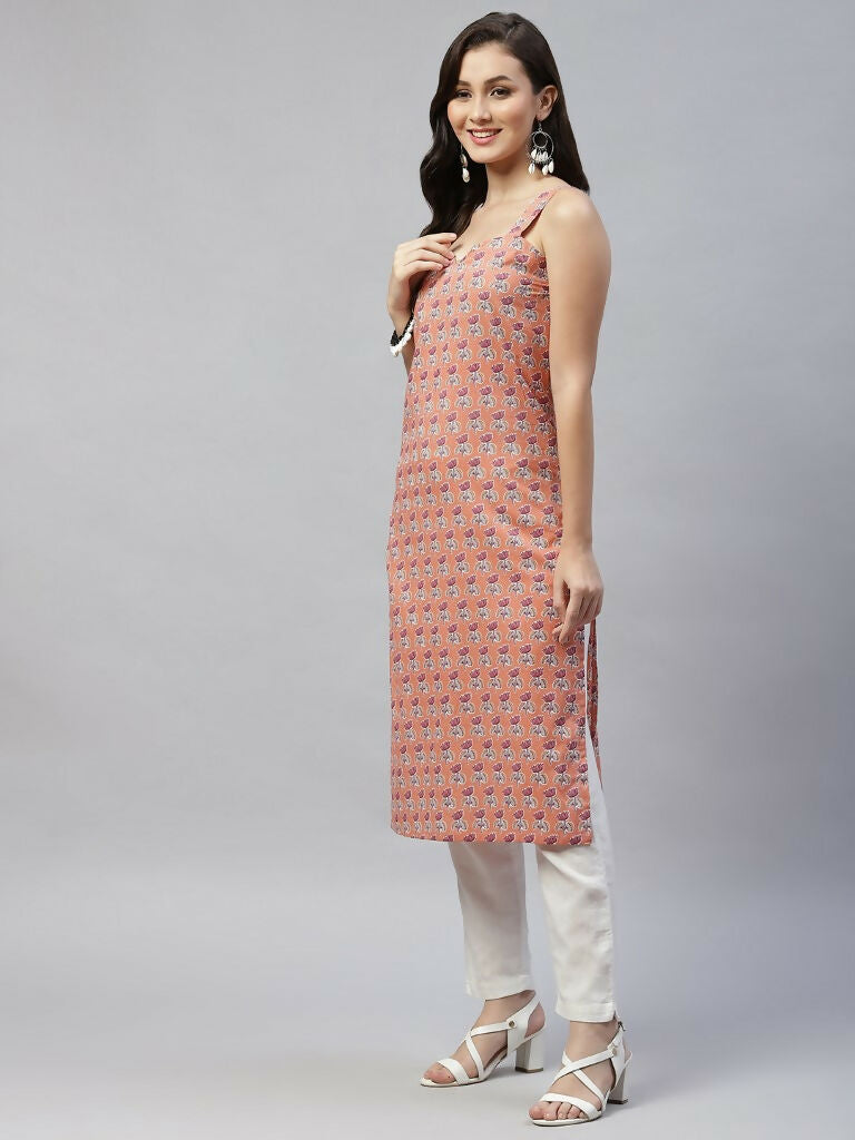 Miravan Women's Floral Printed Strappy Peach Straight Kurta | Grab2Buy
