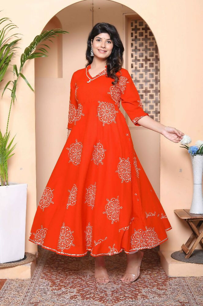Miravan Womens Orange V-Neck Printed Anarkali Style Kurta