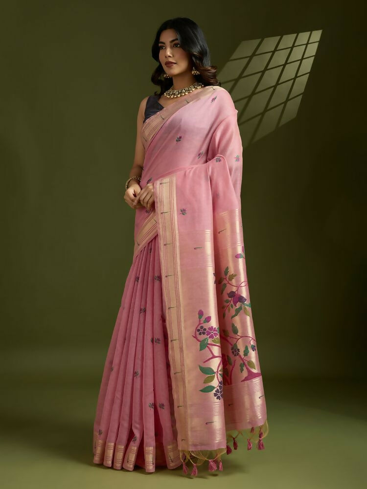Vishnu Weaves Women's Pink Muga Cotton Thread Woven Butti with Blouse 
