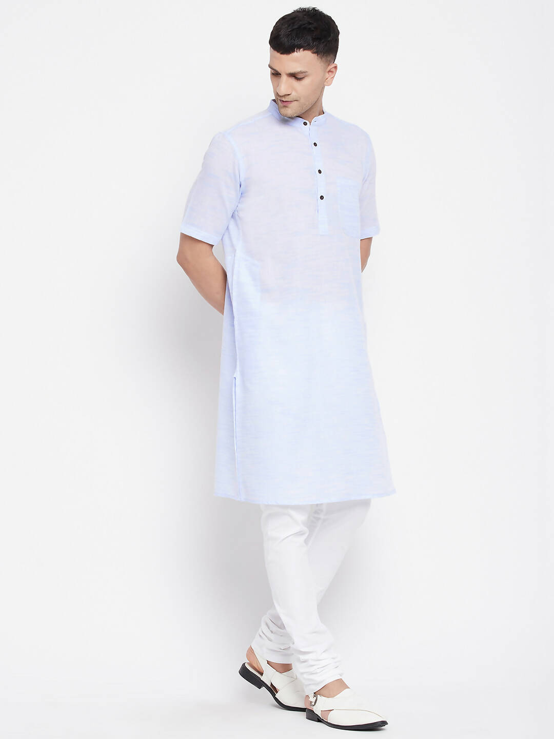 Even Apparels Blue Color Pure Cotton With Band Collar Men's H/S Kurta 