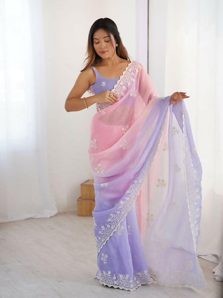 Light Pink Crunchy Silk Embroidery Work Party Wear Saree - Lakshita