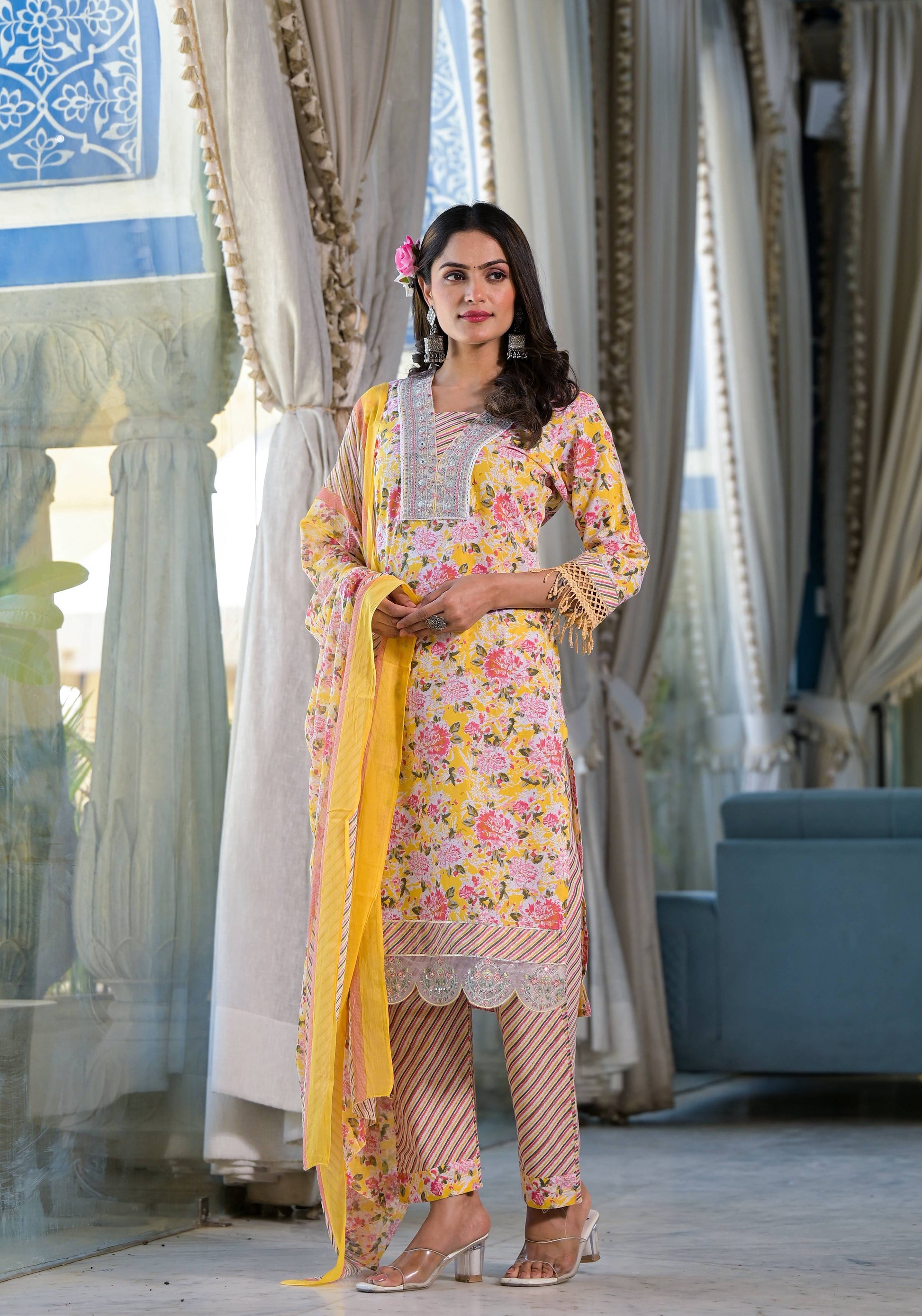 Floral Printed & Embroidered Kurta With Pant & Dupatta Luxury, Multicolor - Hiral Fashion