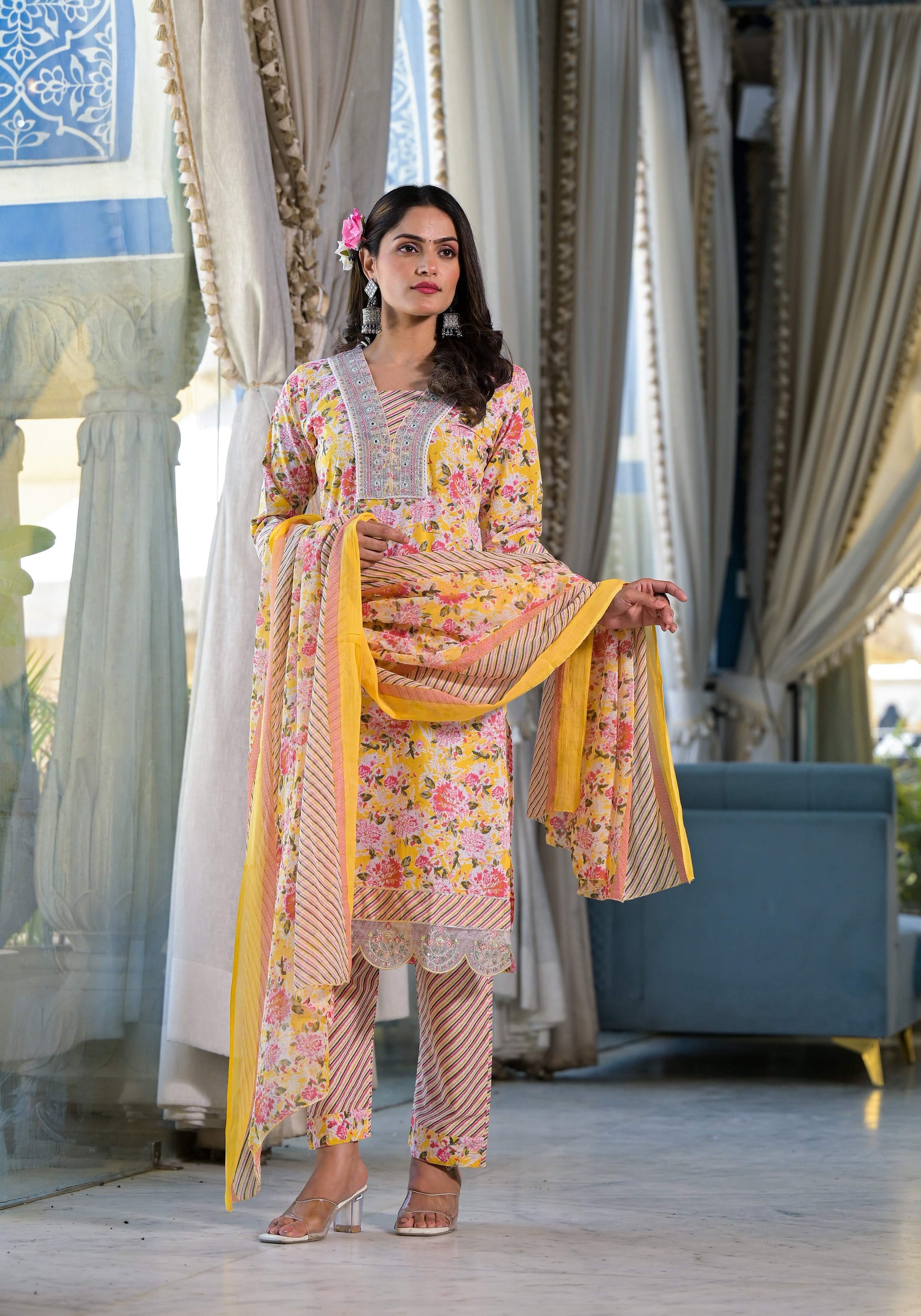 Floral Printed & Embroidered Kurta With Pant & Dupatta Luxury, Multicolor - Hiral Fashion