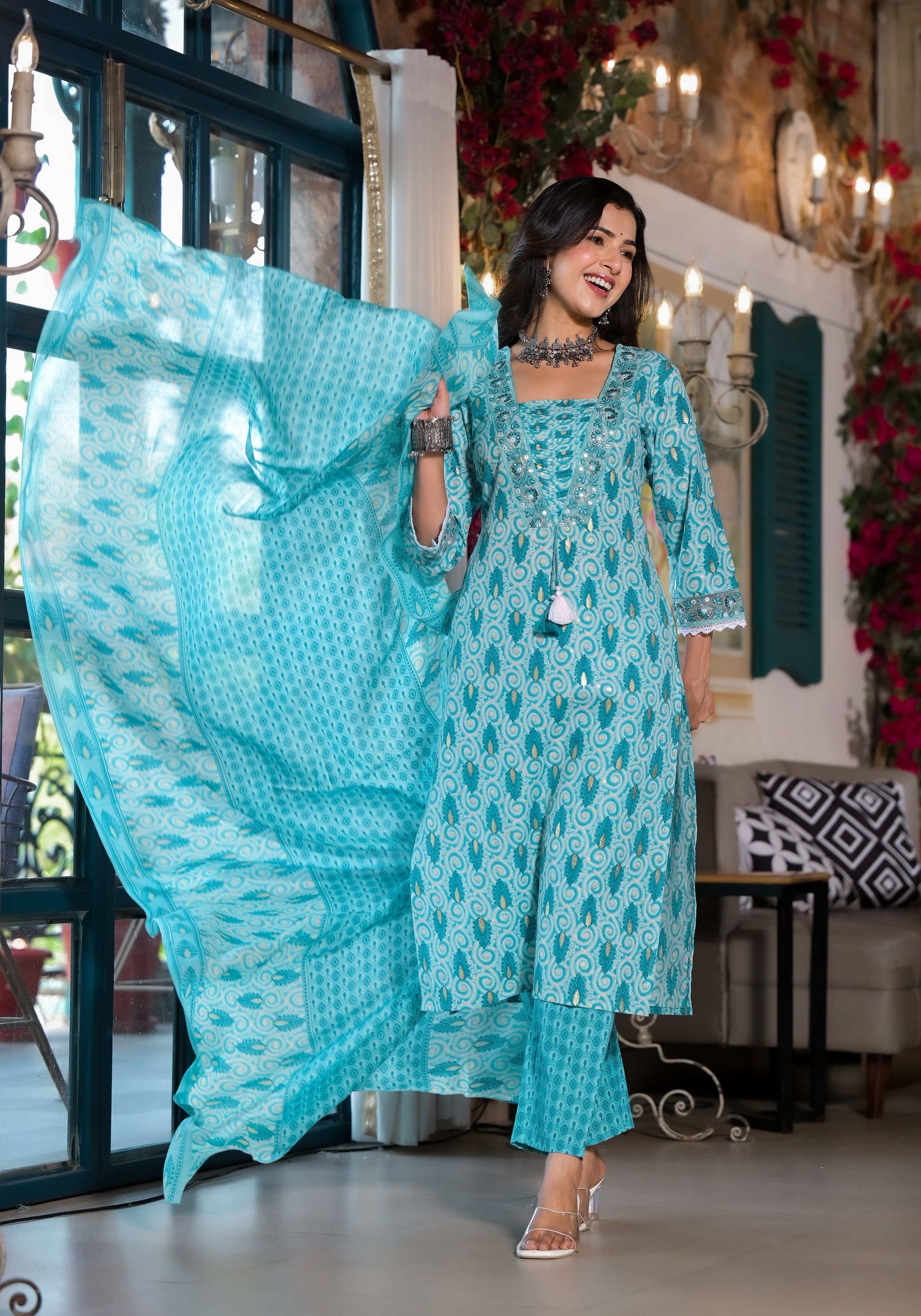Lace Embroidered & Printed Kurta With Pant & Dupatta, Multicolor - Hiral Fashion