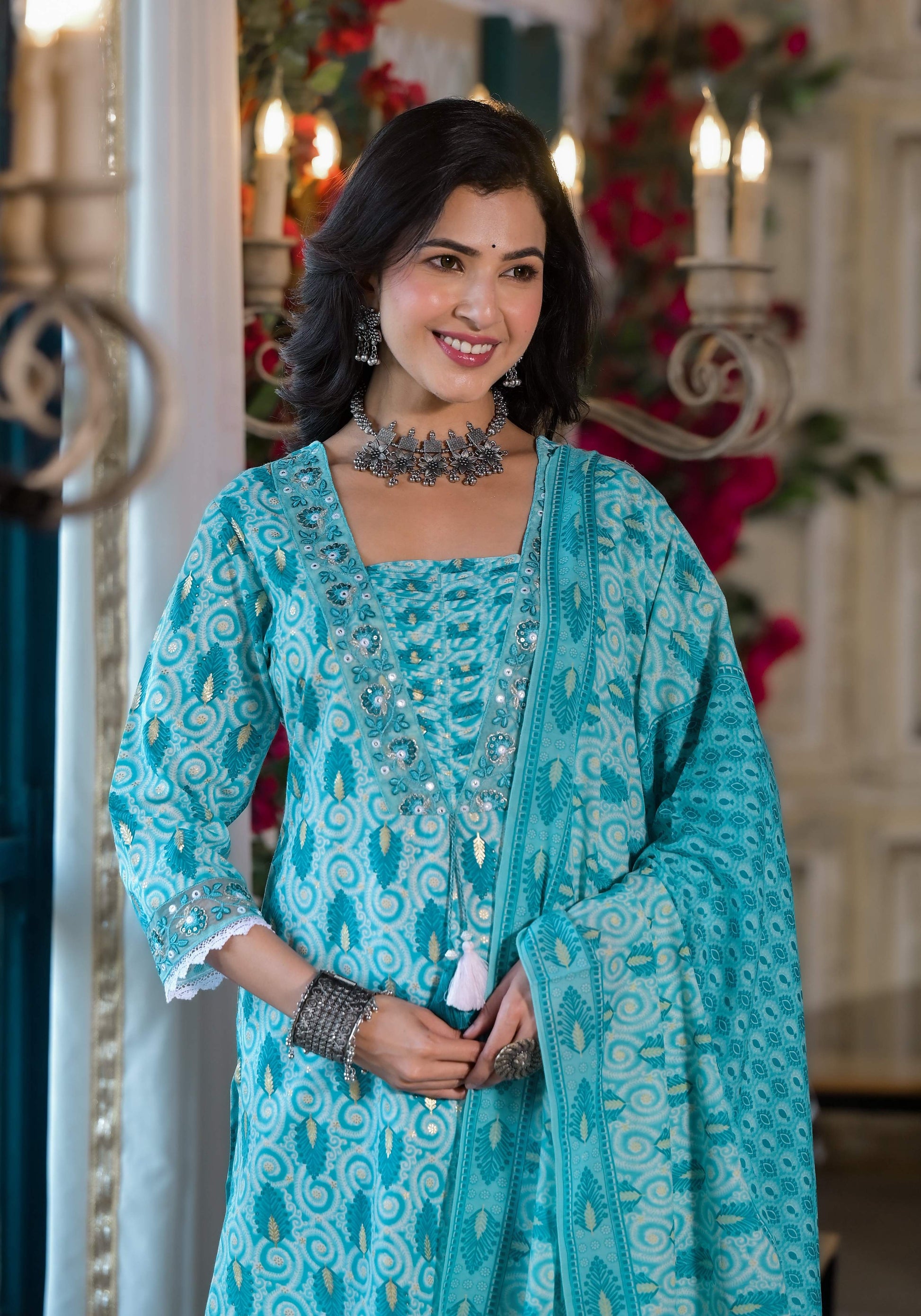 Lace Embroidered & Printed Kurta With Pant & Dupatta, Multicolor - Hiral Fashion