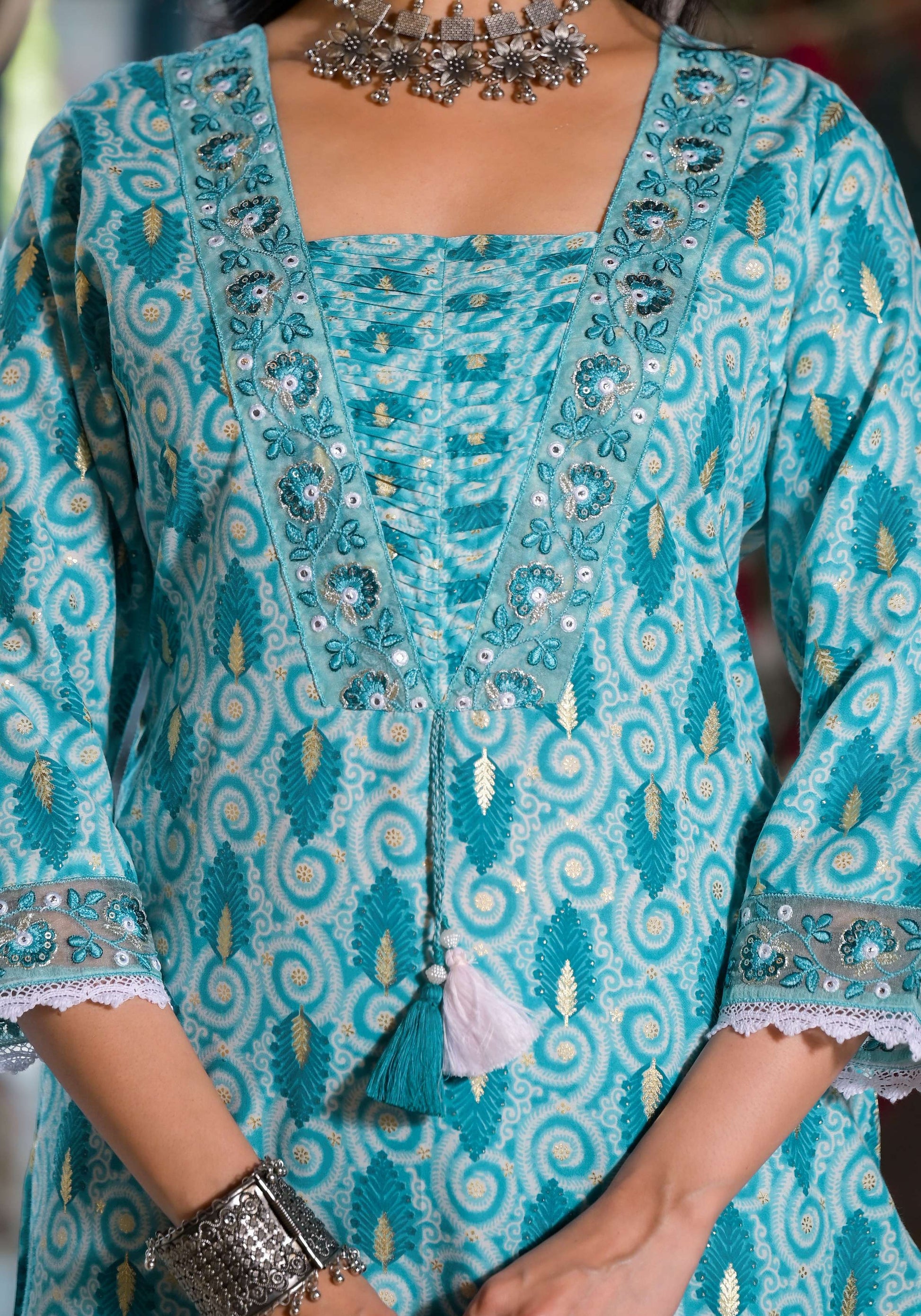 Lace Embroidered & Printed Kurta With Pant & Dupatta, Multicolor - Hiral Fashion