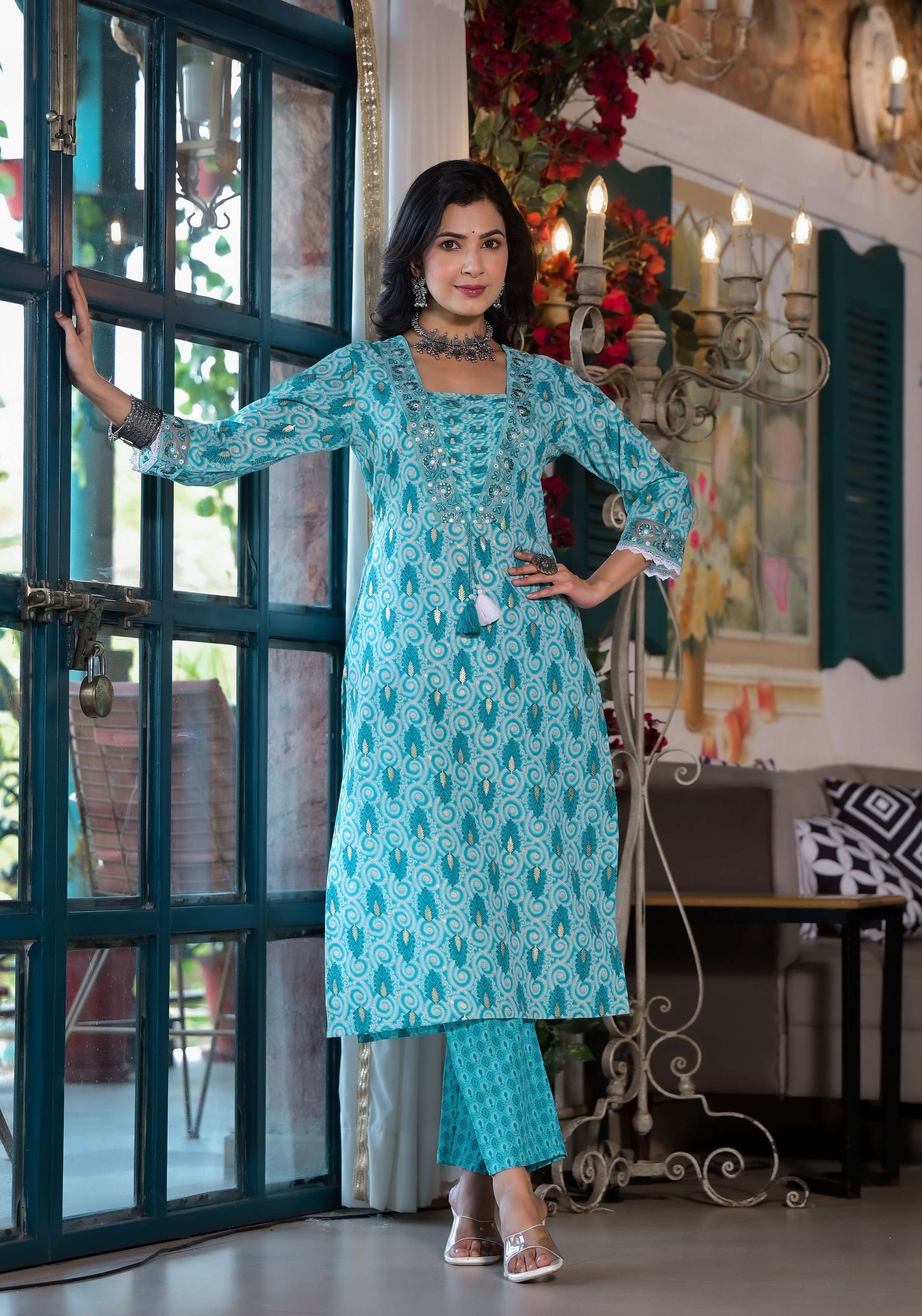 Lace Embroidered & Printed Kurta With Pant & Dupatta, Multicolor - Hiral Fashion