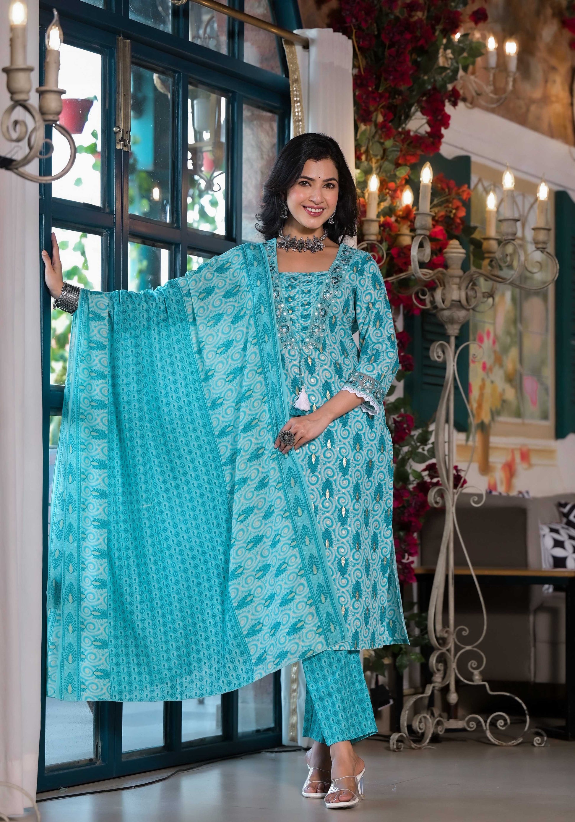 Lace Embroidered & Printed Kurta With Pant & Dupatta, Multicolor - Hiral Fashion