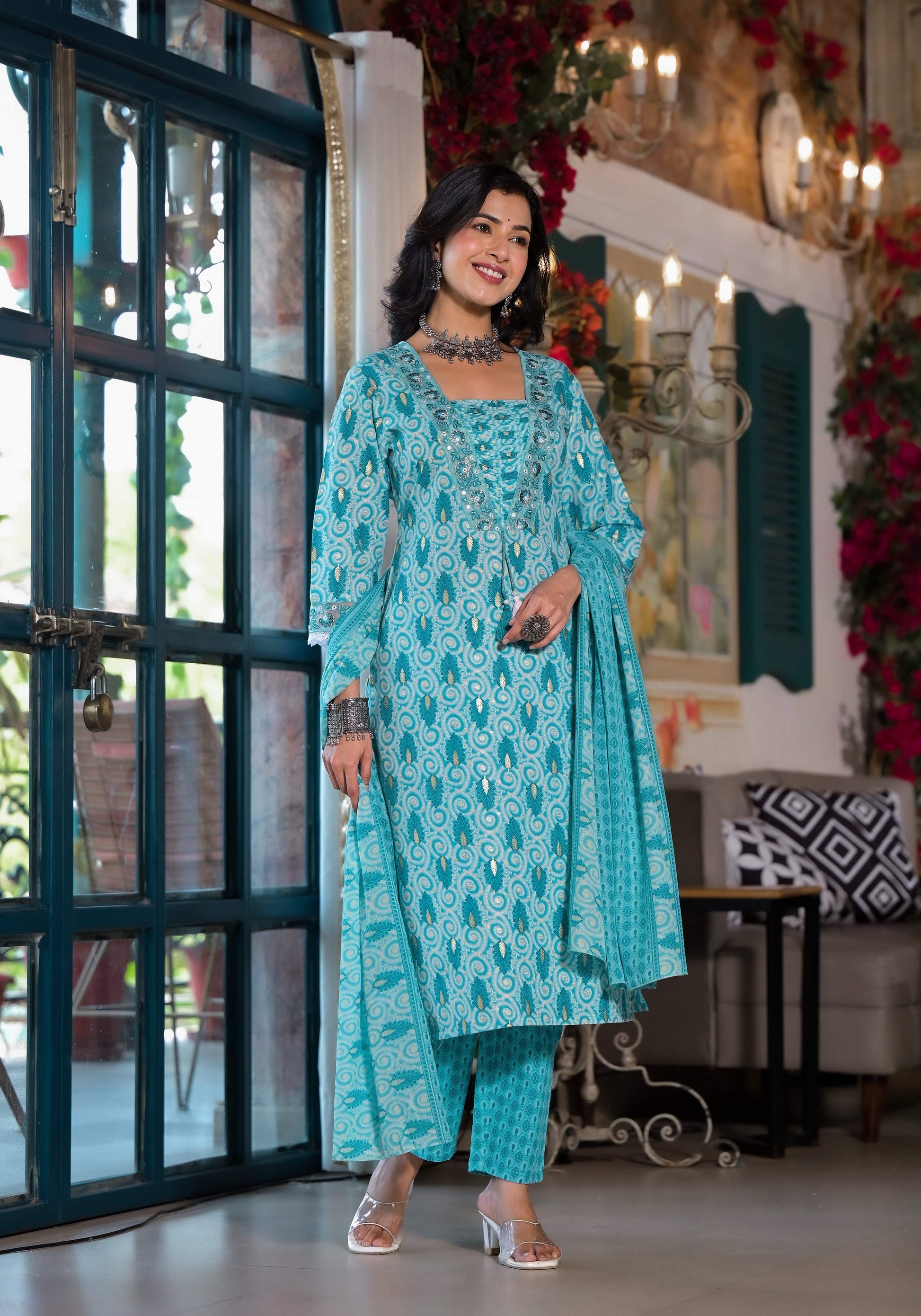 Lace Embroidered & Printed Kurta With Pant & Dupatta, Multicolor - Hiral Fashion