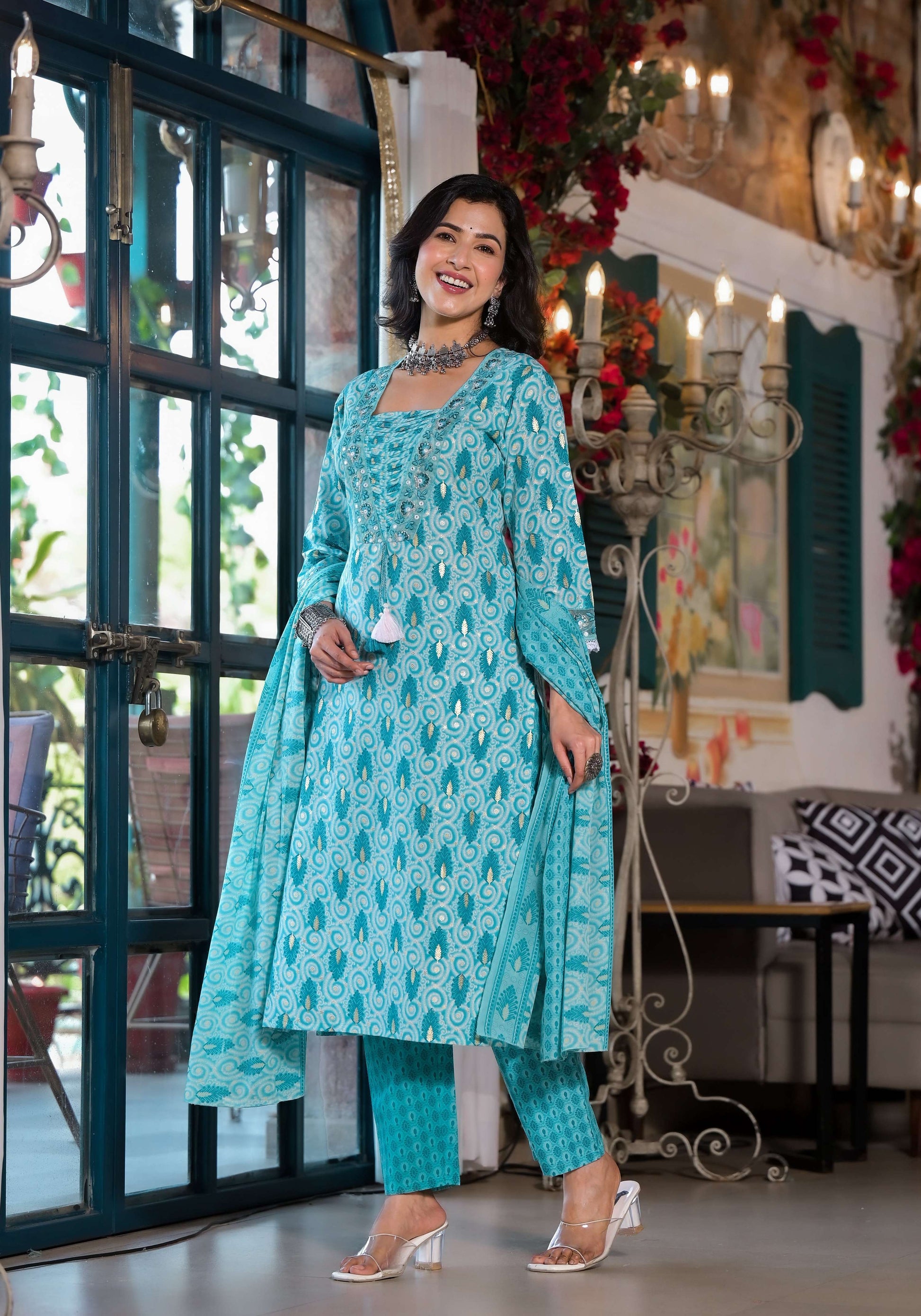 Lace Embroidered & Printed Kurta With Pant & Dupatta, Multicolor - Hiral Fashion