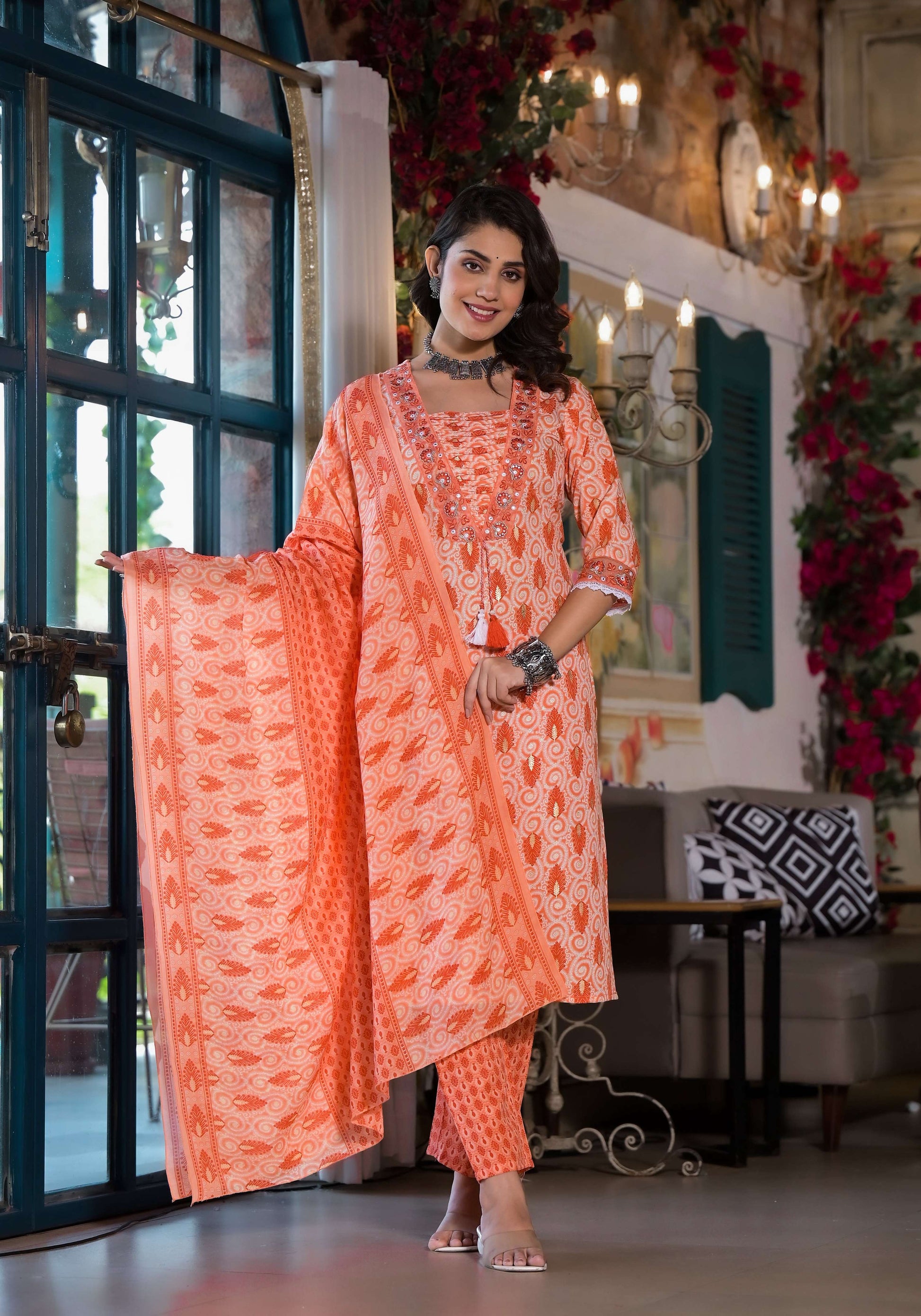 Lace Embroidered & Printed Kurta With Pant & Dupatta, Multicolor - Hiral Fashion