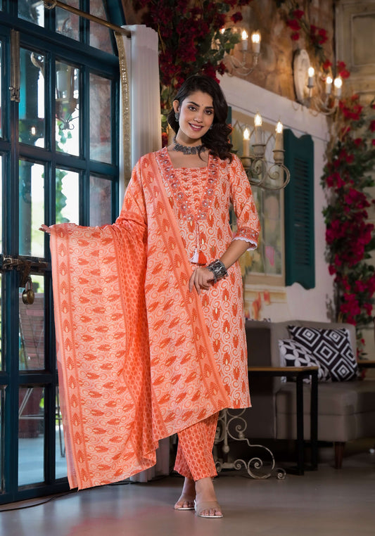 Lace Embroidered & Printed Kurta With Pant & Dupatta, Multicolor - Hiral Fashion