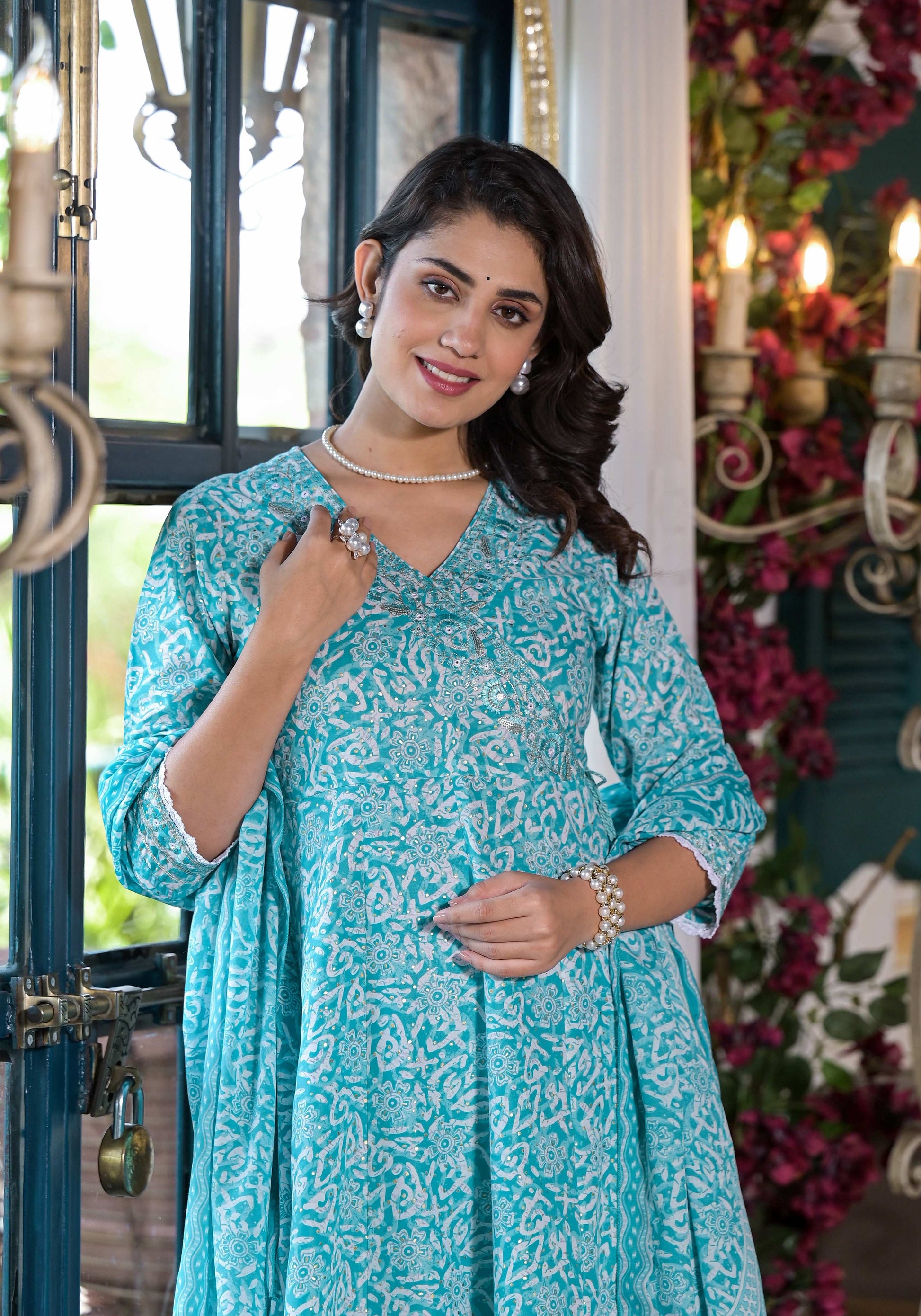 Embroidered & Printed Angrakha Style Kurta With Pant & Dupatta, Blue - Hiral Fashion