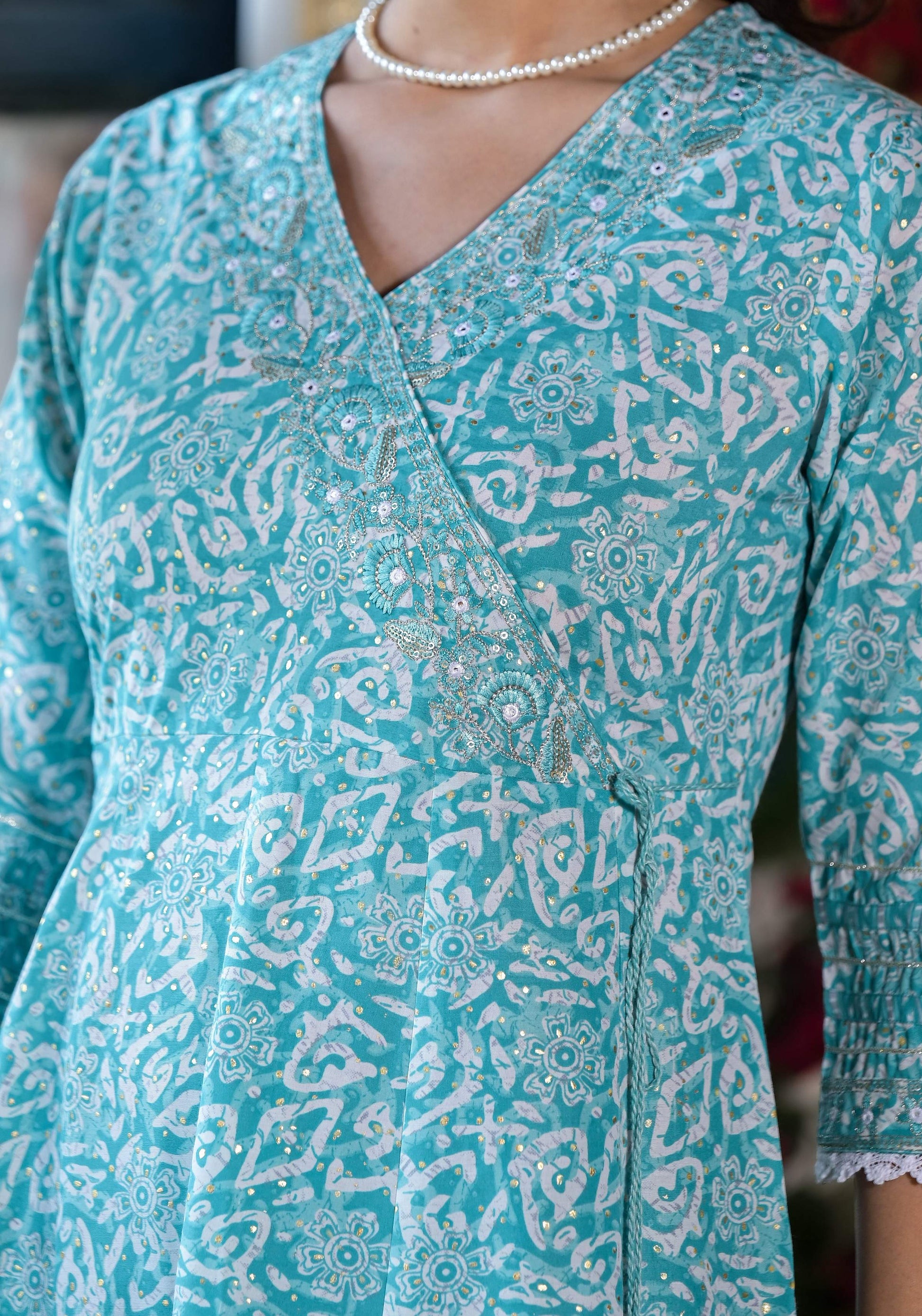 Embroidered & Printed Angrakha Style Kurta With Pant & Dupatta, Blue - Hiral Fashion