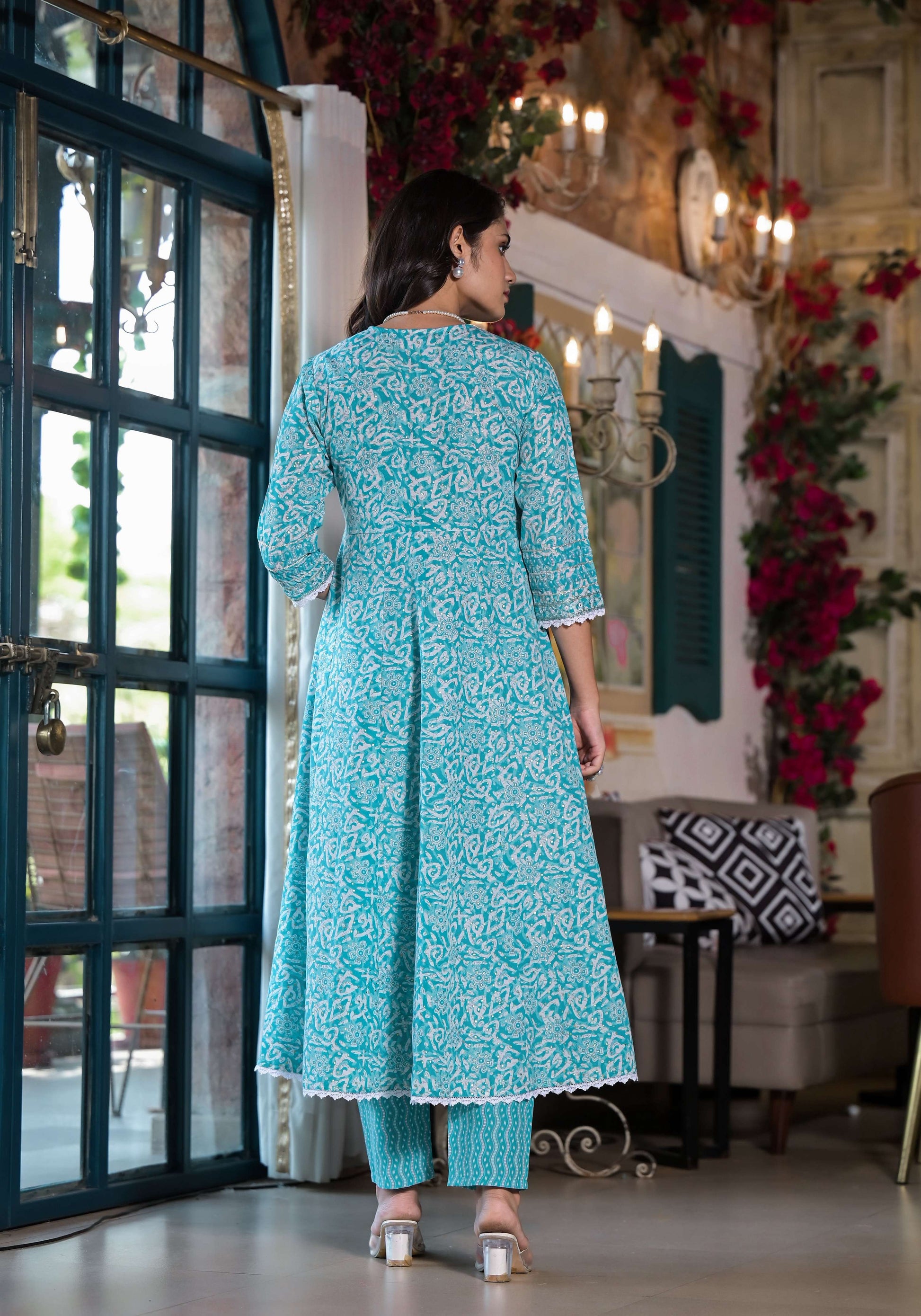 Embroidered & Printed Angrakha Style Kurta With Pant & Dupatta, Blue - Hiral Fashion