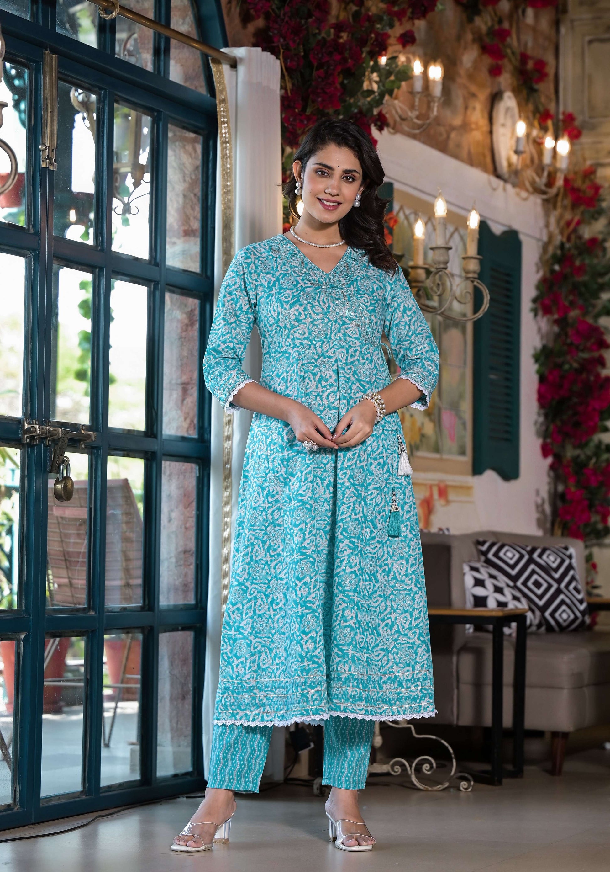 Embroidered & Printed Angrakha Style Kurta With Pant & Dupatta, Blue - Hiral Fashion
