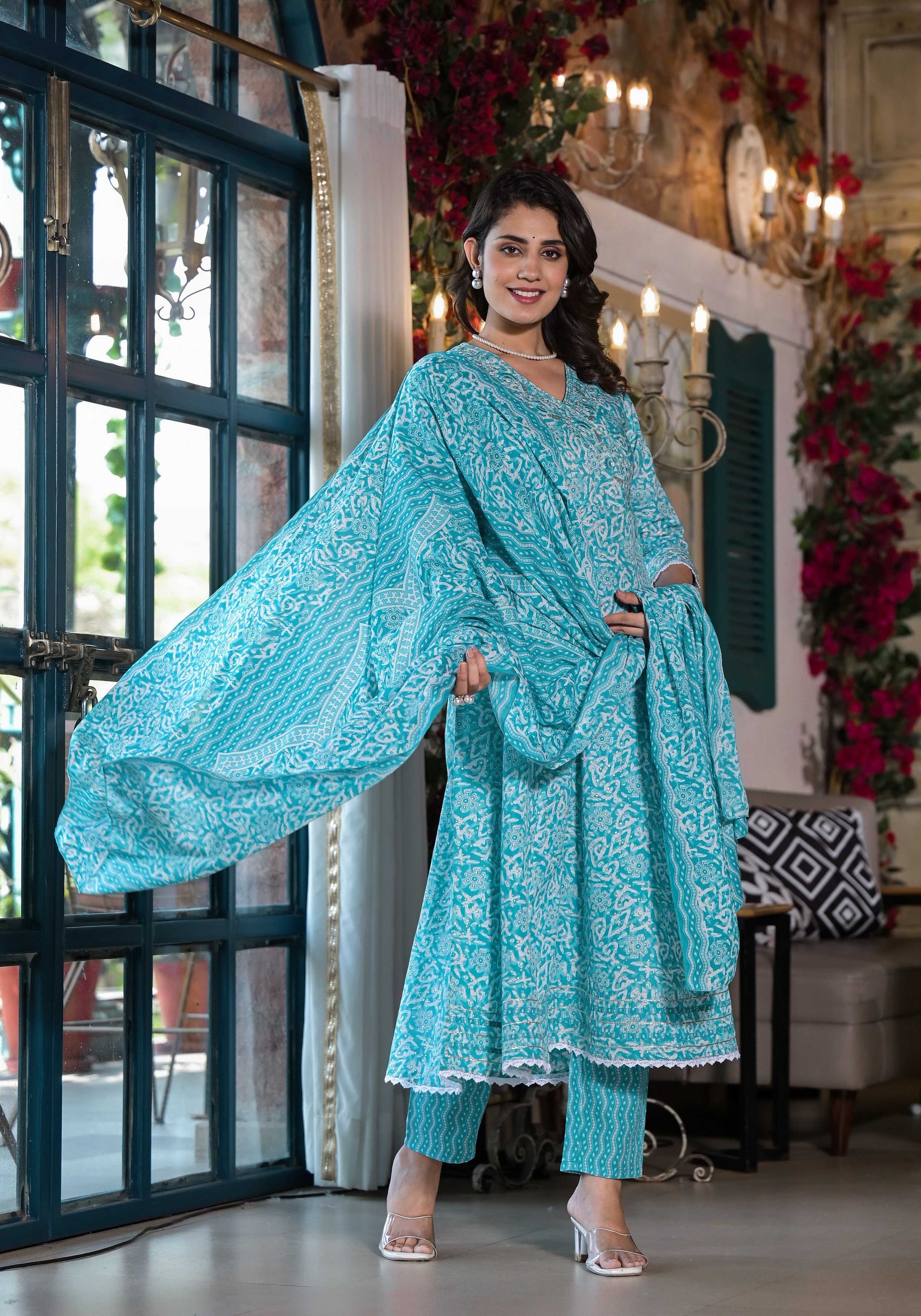 Embroidered & Printed Angrakha Style Kurta With Pant & Dupatta, Blue - Hiral Fashion