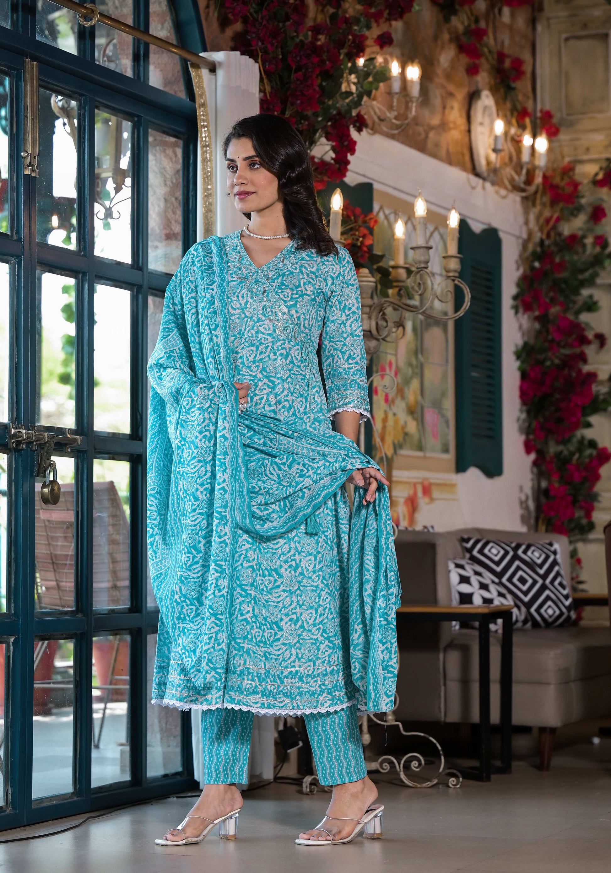 Embroidered & Printed Angrakha Style Kurta With Pant & Dupatta, Blue - Hiral Fashion