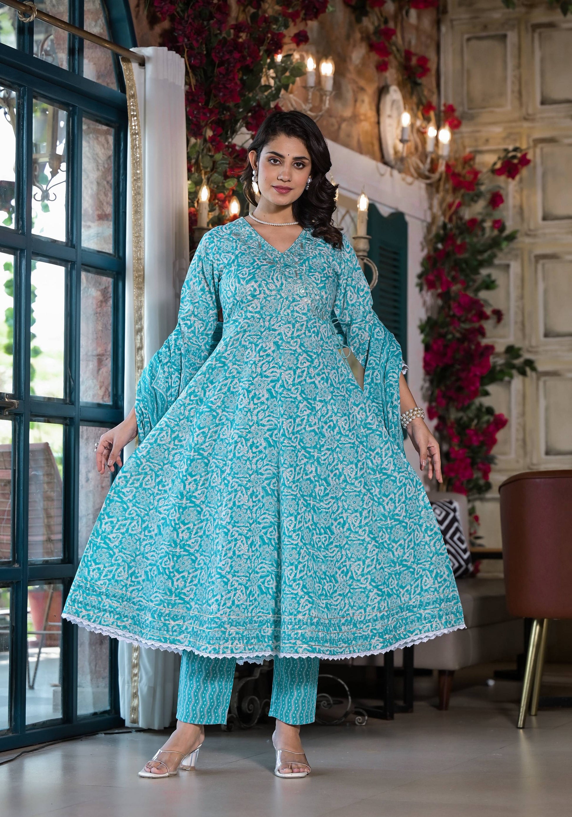 Embroidered & Printed Angrakha Style Kurta With Pant & Dupatta, Blue - Hiral Fashion