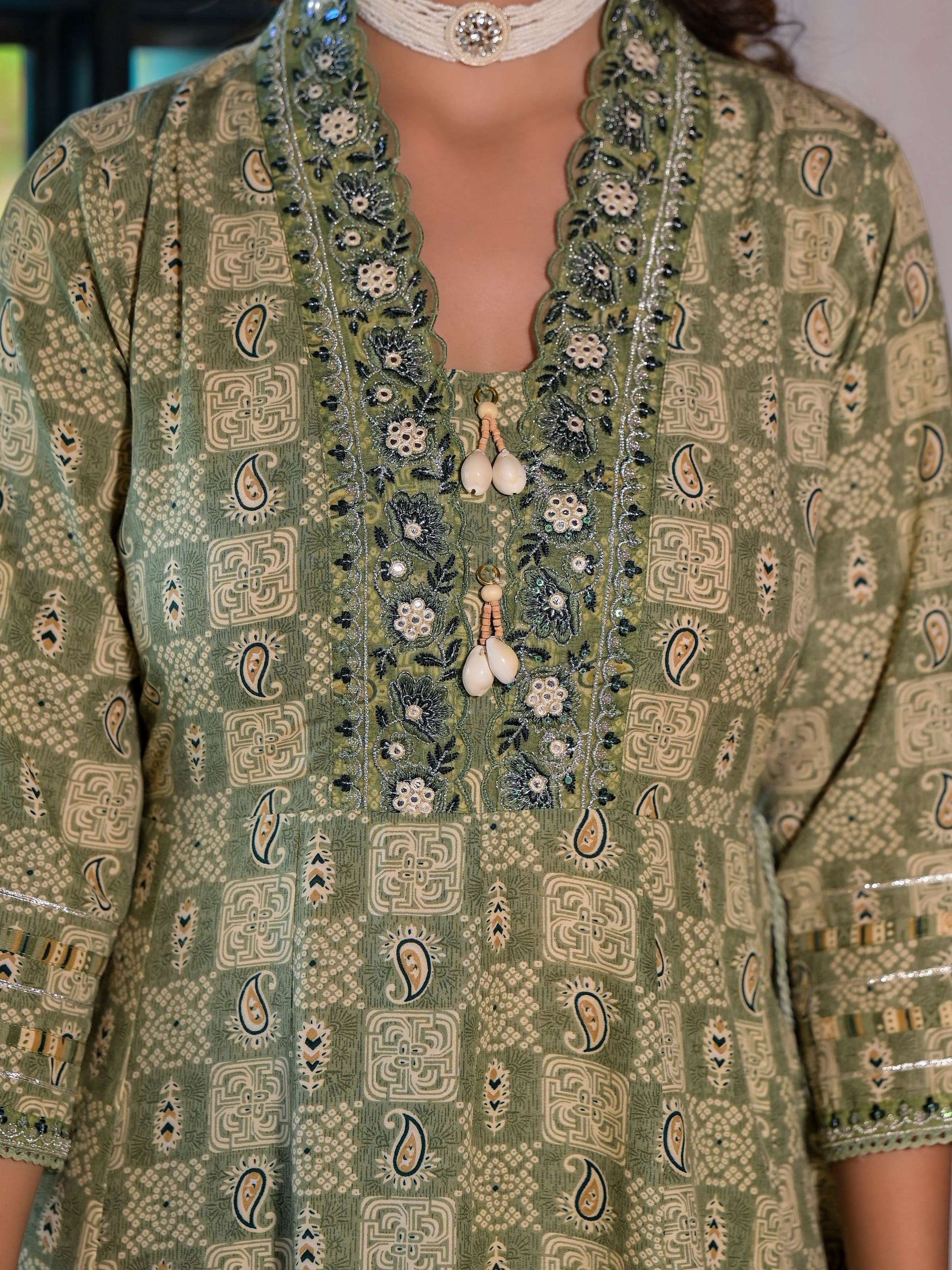 Embroidered & Printed Flared Kurta With Pant & Dupatta, Green - Hiral Fashion