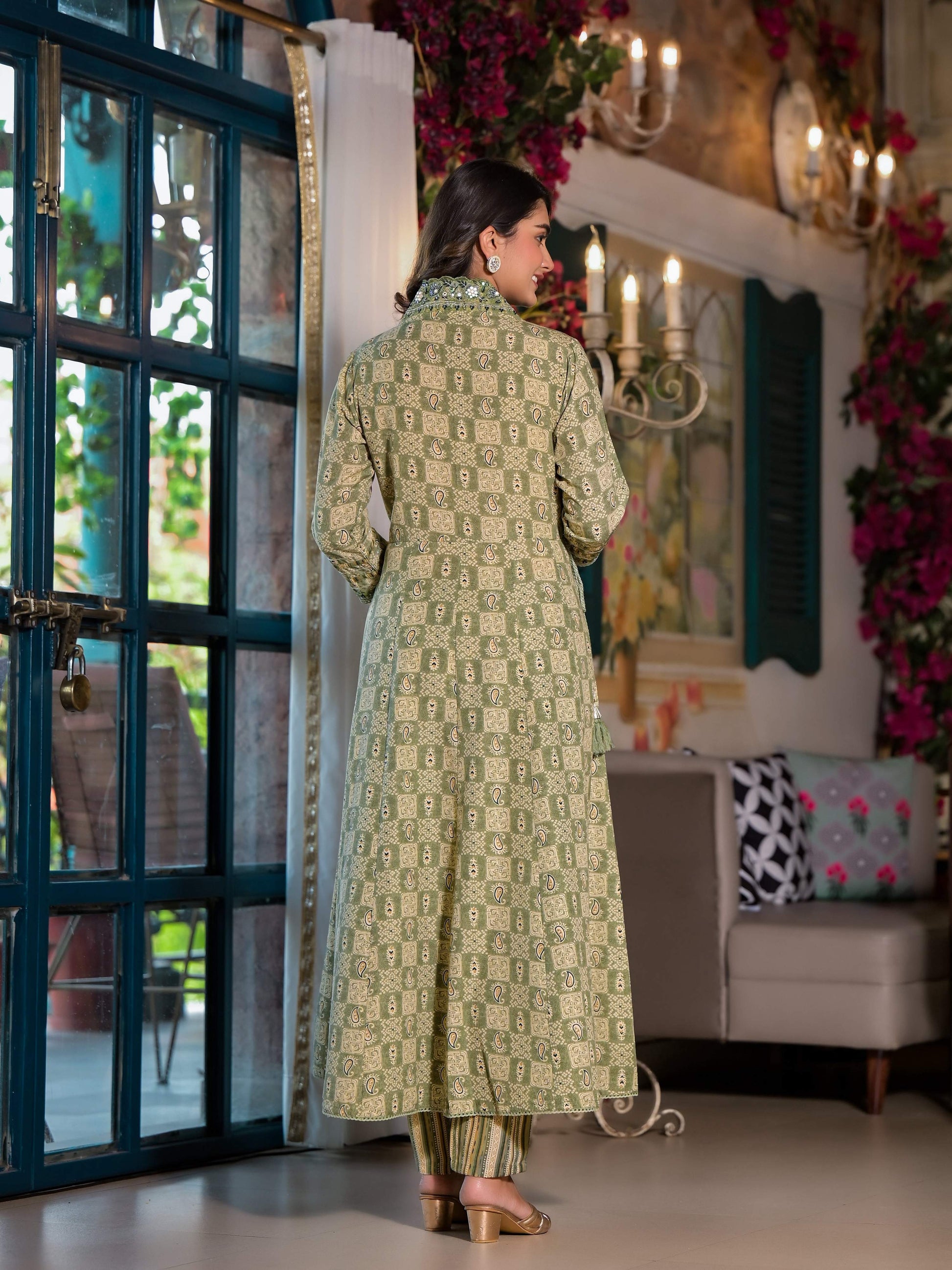 Embroidered & Printed Flared Kurta With Pant & Dupatta, Green - Hiral Fashion