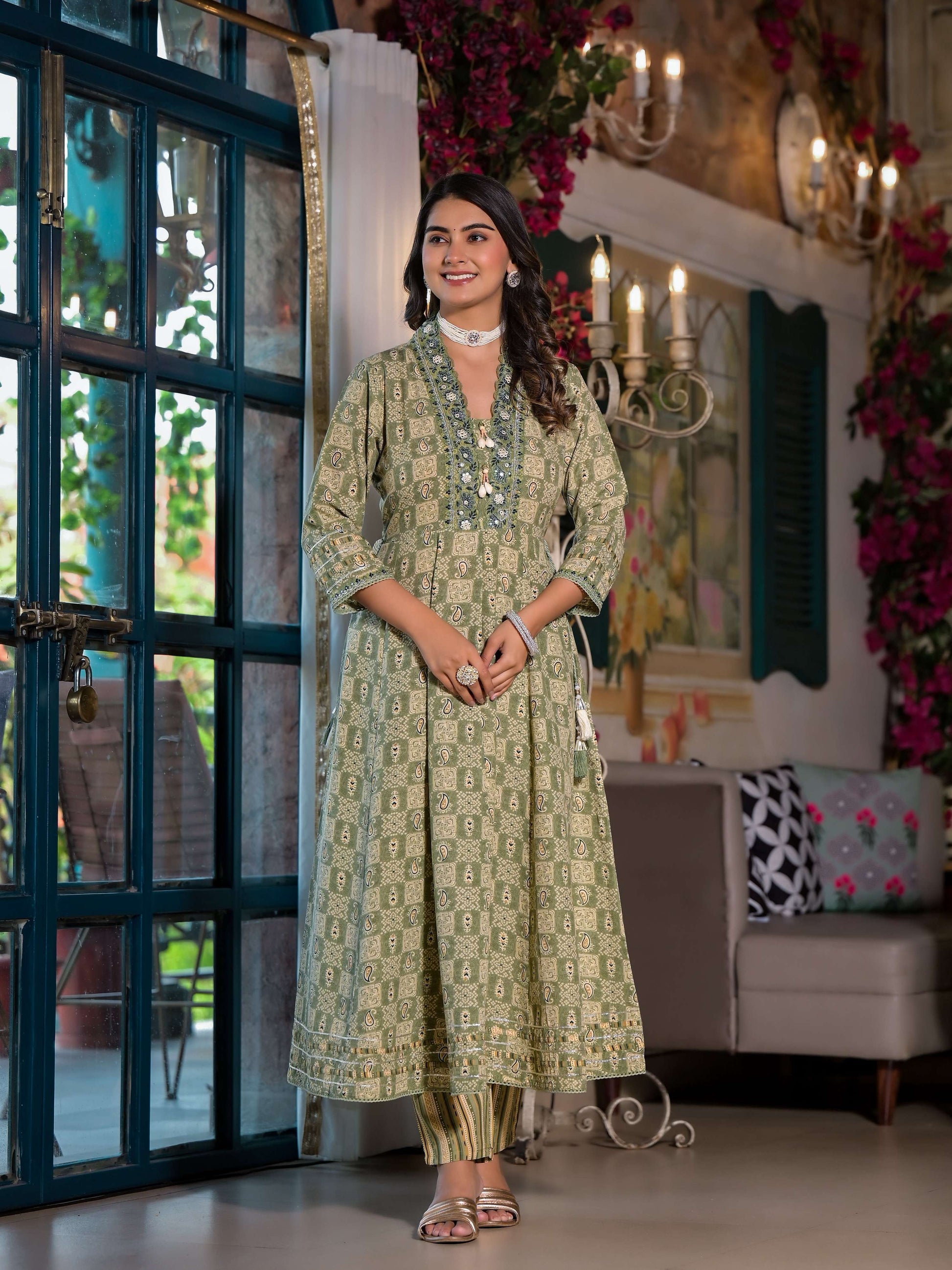 Embroidered & Printed Flared Kurta With Pant & Dupatta, Green - Hiral Fashion