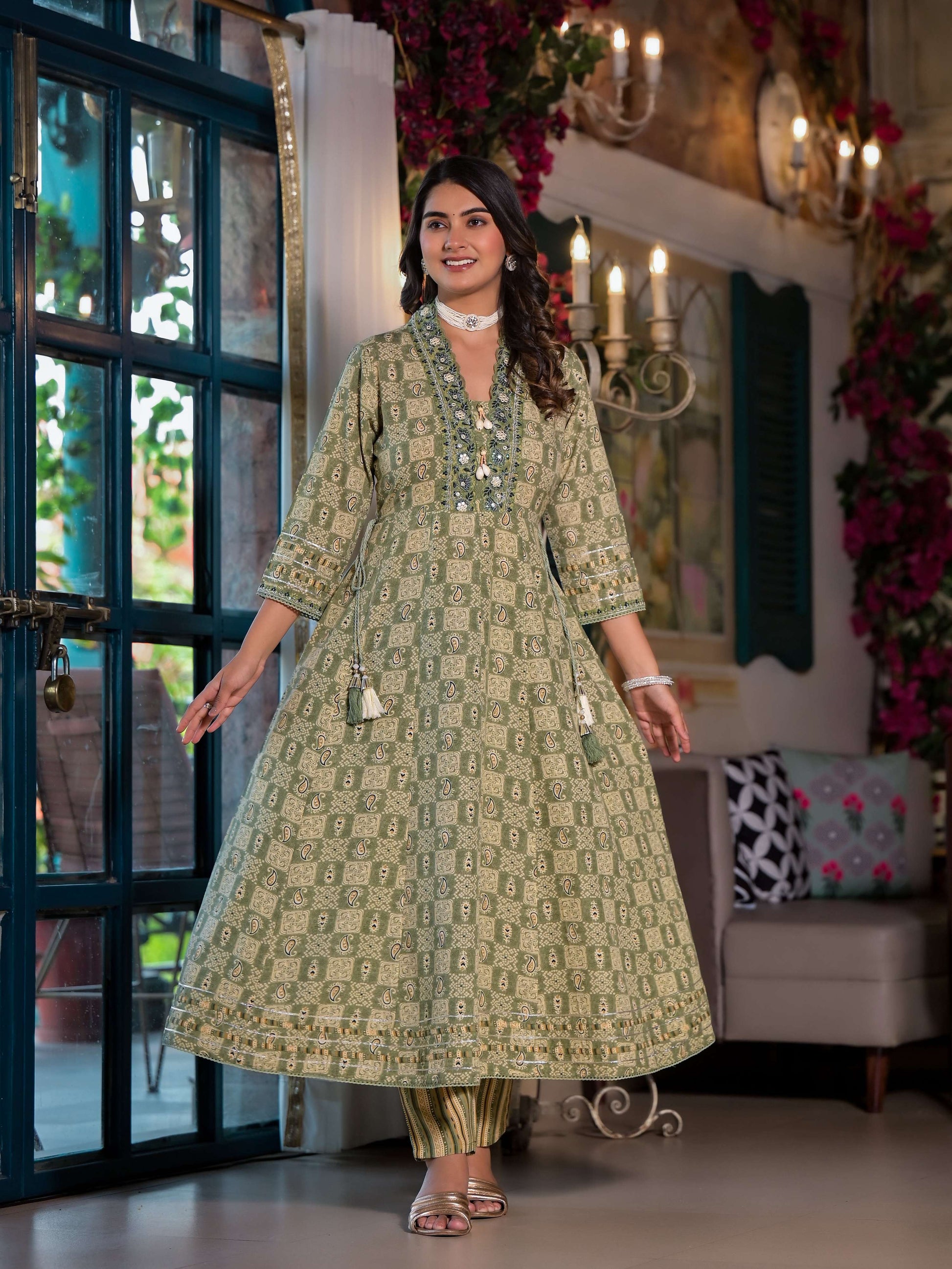 Embroidered & Printed Flared Kurta With Pant & Dupatta, Green - Hiral Fashion