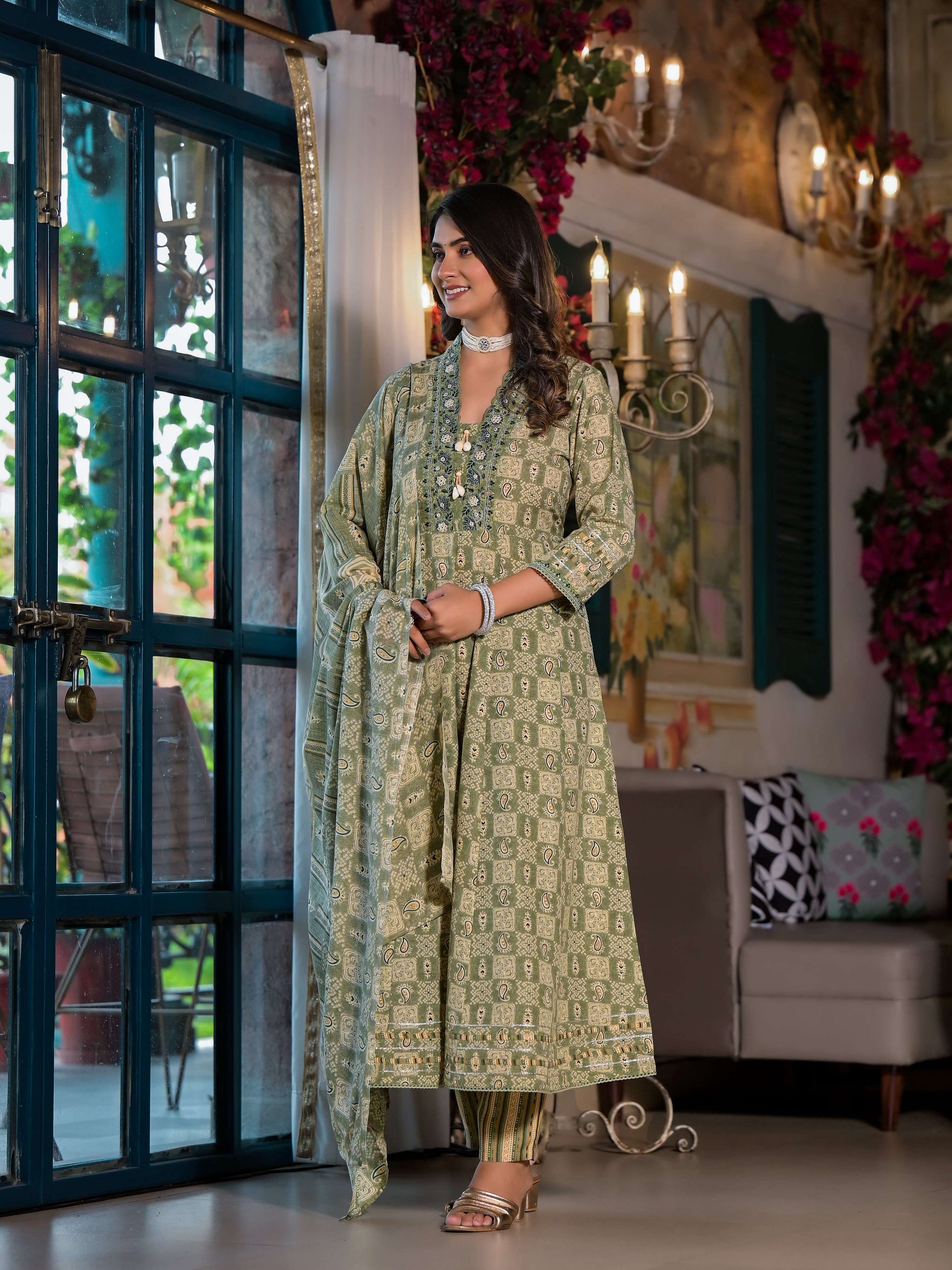 Embroidered & Printed Flared Kurta With Pant & Dupatta, Green - Hiral Fashion